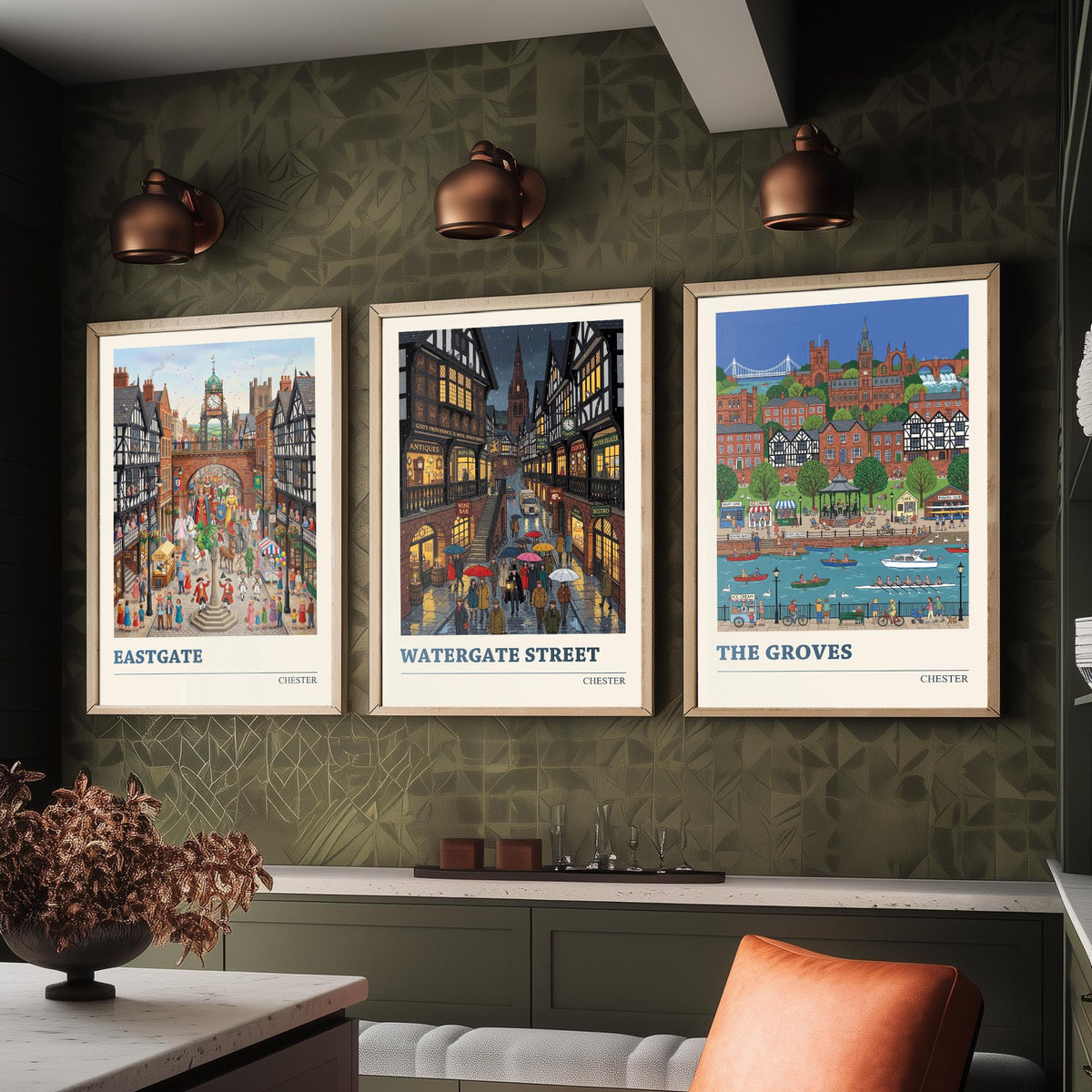 Chester Set of Three Art Prints - Eastgate, Watergate Street, The Groves - 3 Colourful Folk Illustration Travel Posters - Cheshire Painting