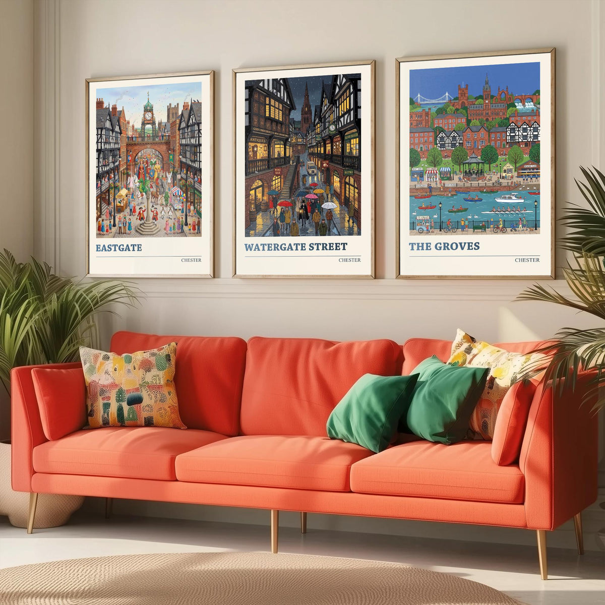 Chester Set of Three Art Prints - Eastgate, Watergate Street, The Groves - 3 Colourful Folk Illustration Travel Posters - Cheshire Painting