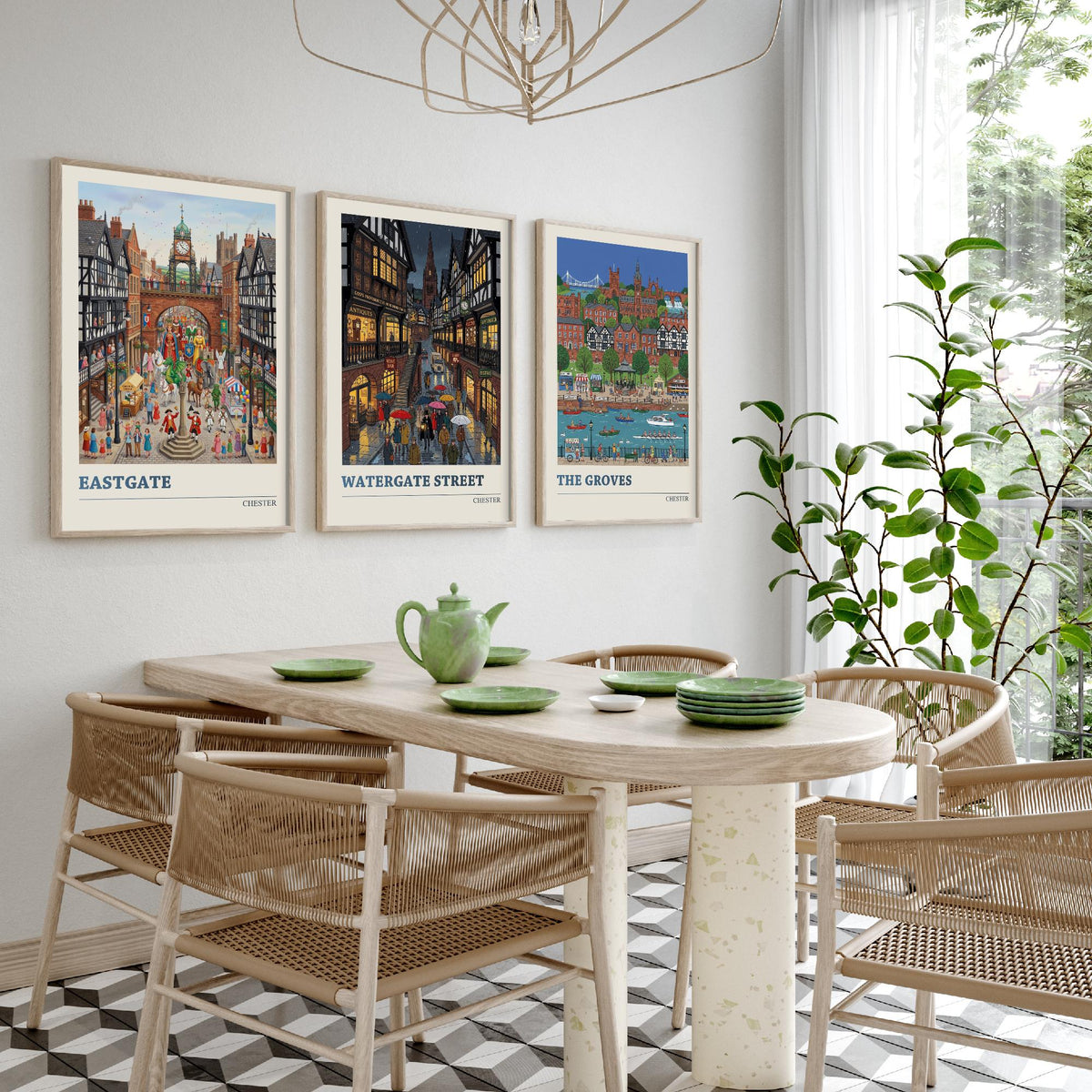 Chester Set of Three Art Prints - Eastgate, Watergate Street, The Groves - 3 Colourful Folk Illustration Travel Posters - Cheshire Painting