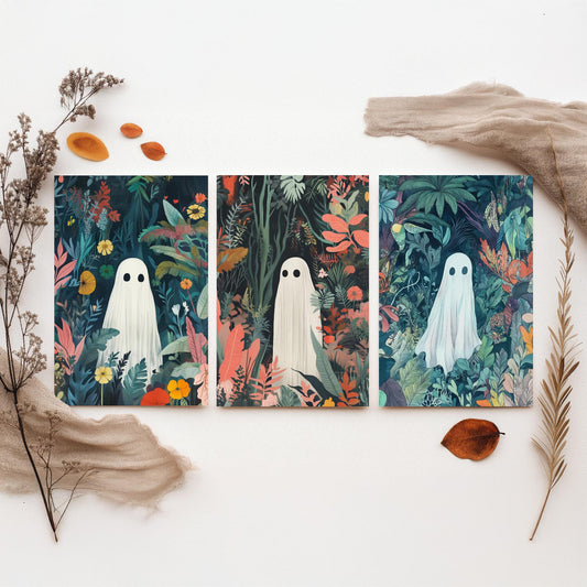 Botanical Ghost Set of Three Art Prints - 3 Cute Jungle Ghost Posters - Whimsical Folk Illustration Wall Decor Spooky Gift