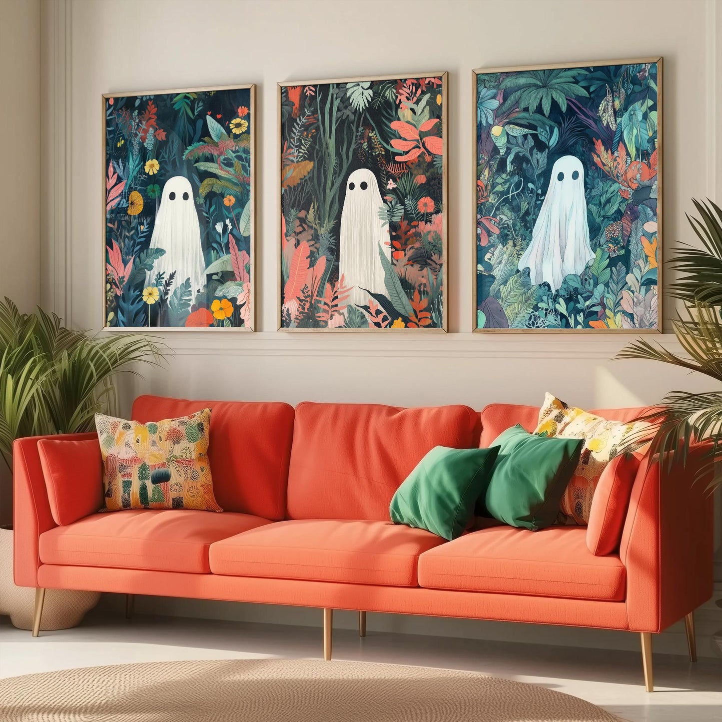 Botanical Ghost Set of Three Art Prints - 3 Cute Jungle Ghost Posters - Whimsical Folk Illustration Wall Decor Spooky Gift