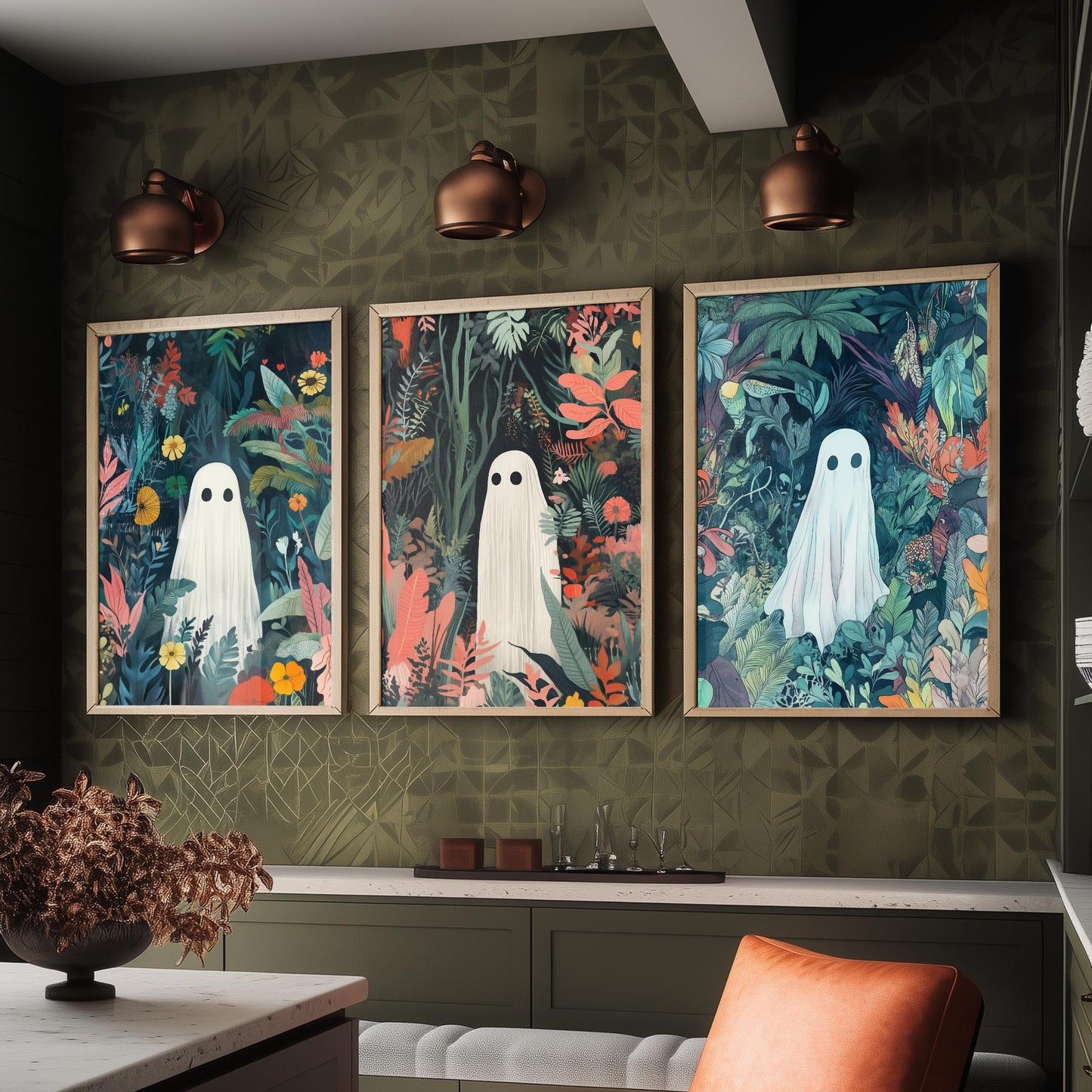 Botanical Ghost Set of Three Art Prints - 3 Cute Jungle Ghost Posters - Whimsical Folk Illustration Wall Decor Spooky Gift