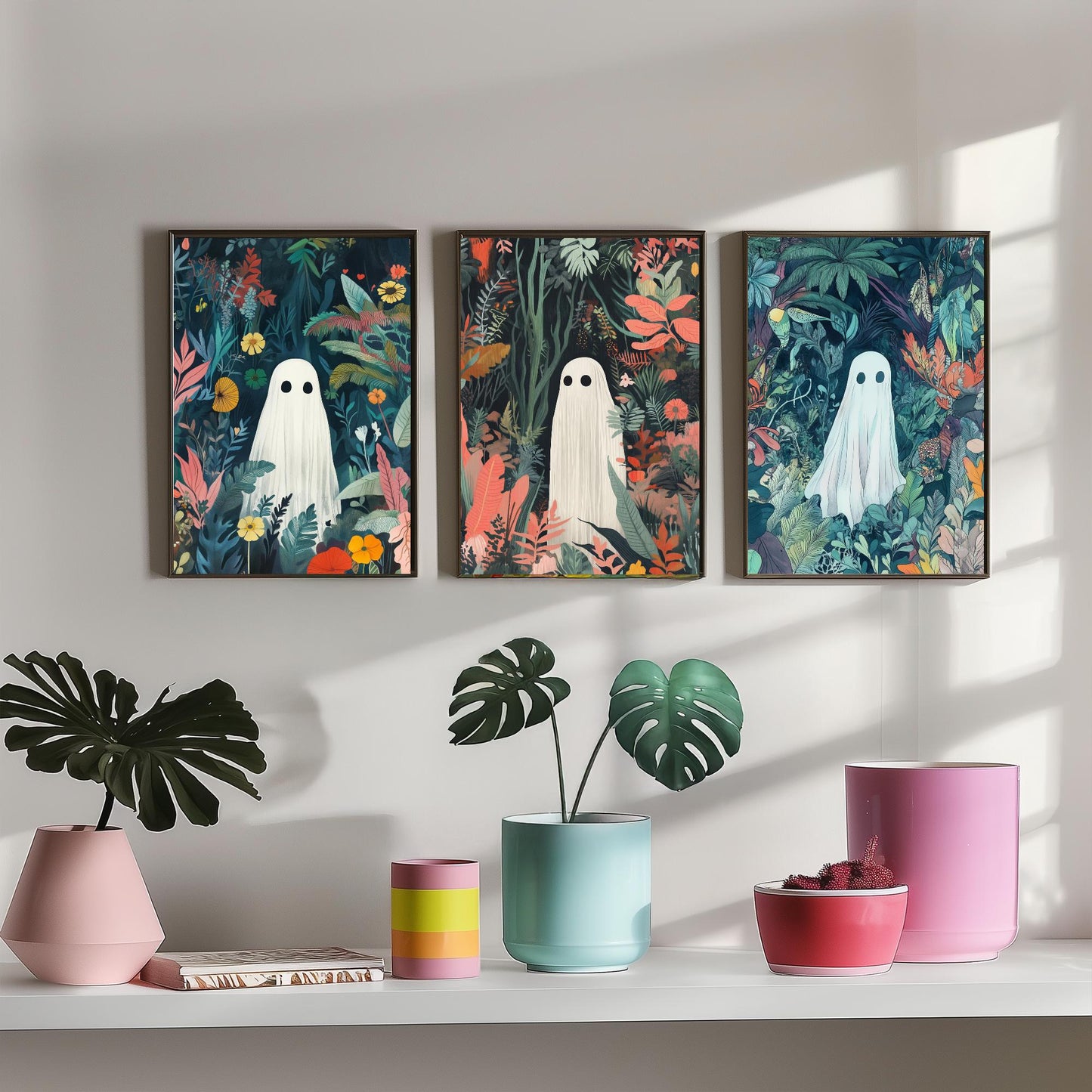 Botanical Ghost Set of Three Art Prints - 3 Cute Jungle Ghost Posters - Whimsical Folk Illustration Wall Decor Spooky Gift