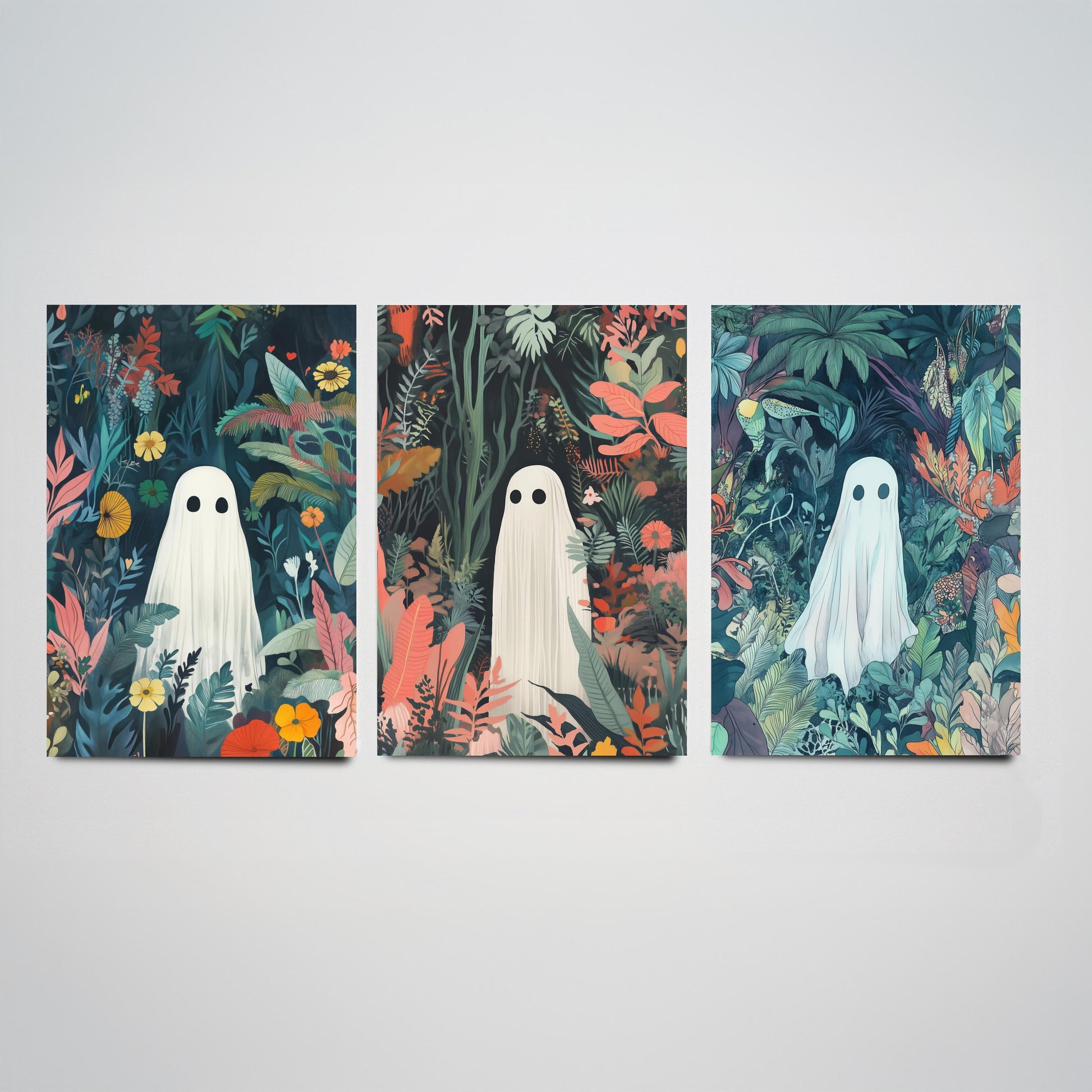 Botanical Ghost Set of Three Art Prints - 3 Cute Jungle Ghost Posters - Whimsical Folk Illustration Wall Decor Spooky Gift