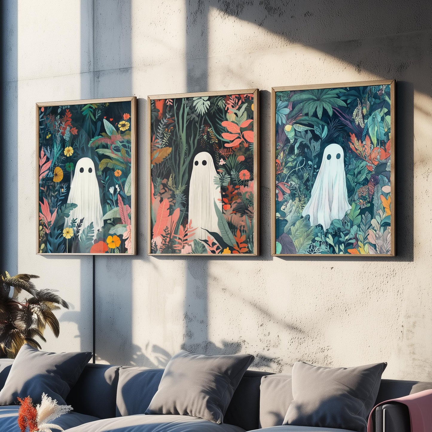 Botanical Ghost Set of Three Art Prints - 3 Cute Jungle Ghost Posters - Whimsical Folk Illustration Wall Decor Spooky Gift