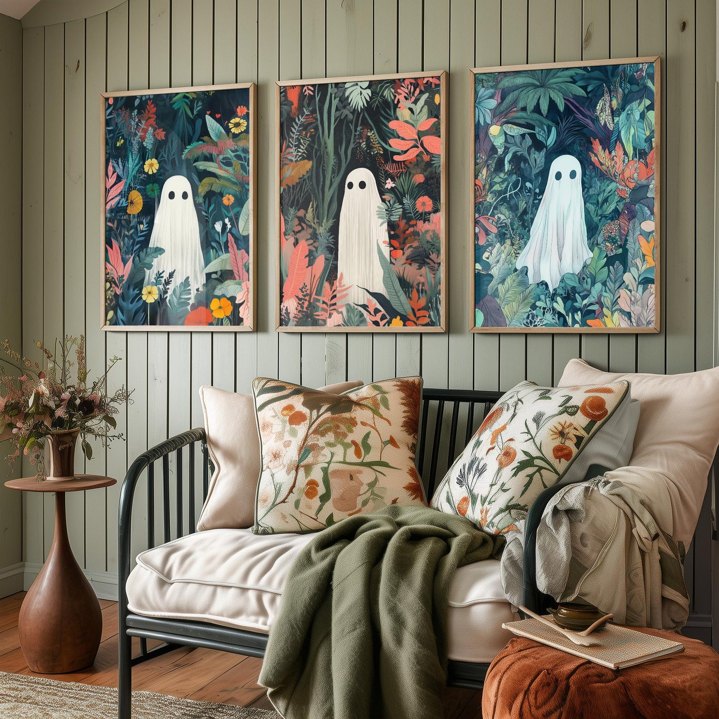 Botanical Ghost Set of Three Art Prints - 3 Cute Jungle Ghost Posters - Whimsical Folk Illustration Wall Decor Spooky Gift