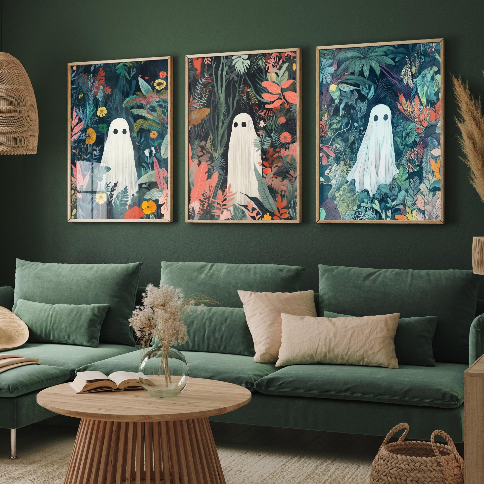 Botanical Ghost Set of Three Art Prints - 3 Cute Jungle Ghost Posters - Whimsical Folk Illustration Wall Decor Spooky Gift