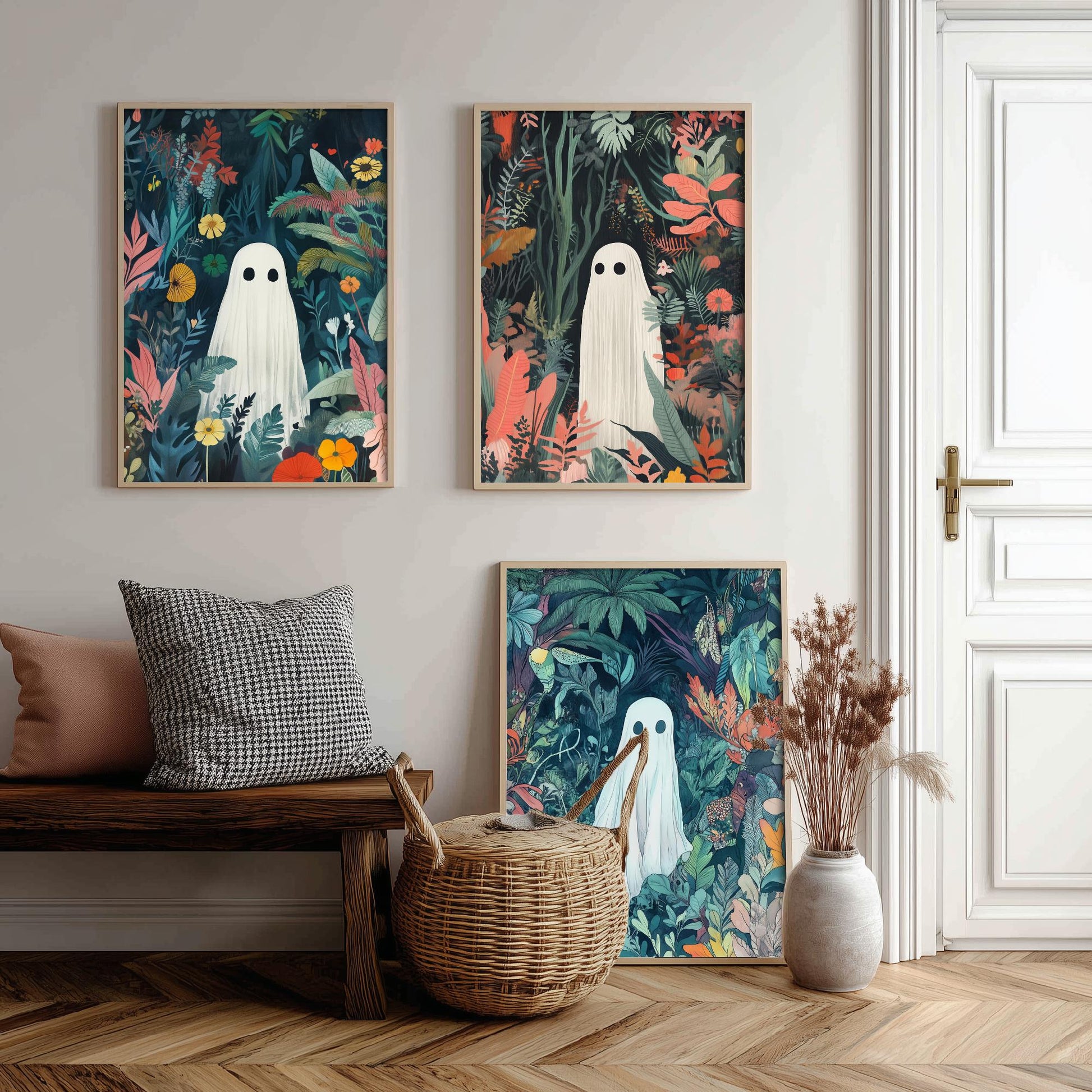 Botanical Ghost Set of Three Art Prints - 3 Cute Jungle Ghost Posters - Whimsical Folk Illustration Wall Decor Spooky Gift