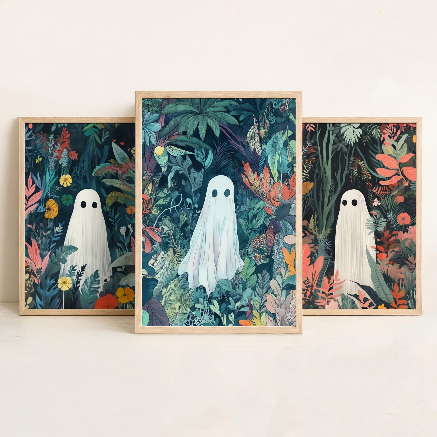 Botanical Ghost Set of Three Art Prints - 3 Cute Jungle Ghost Posters - Whimsical Folk Illustration Wall Decor Spooky Gift