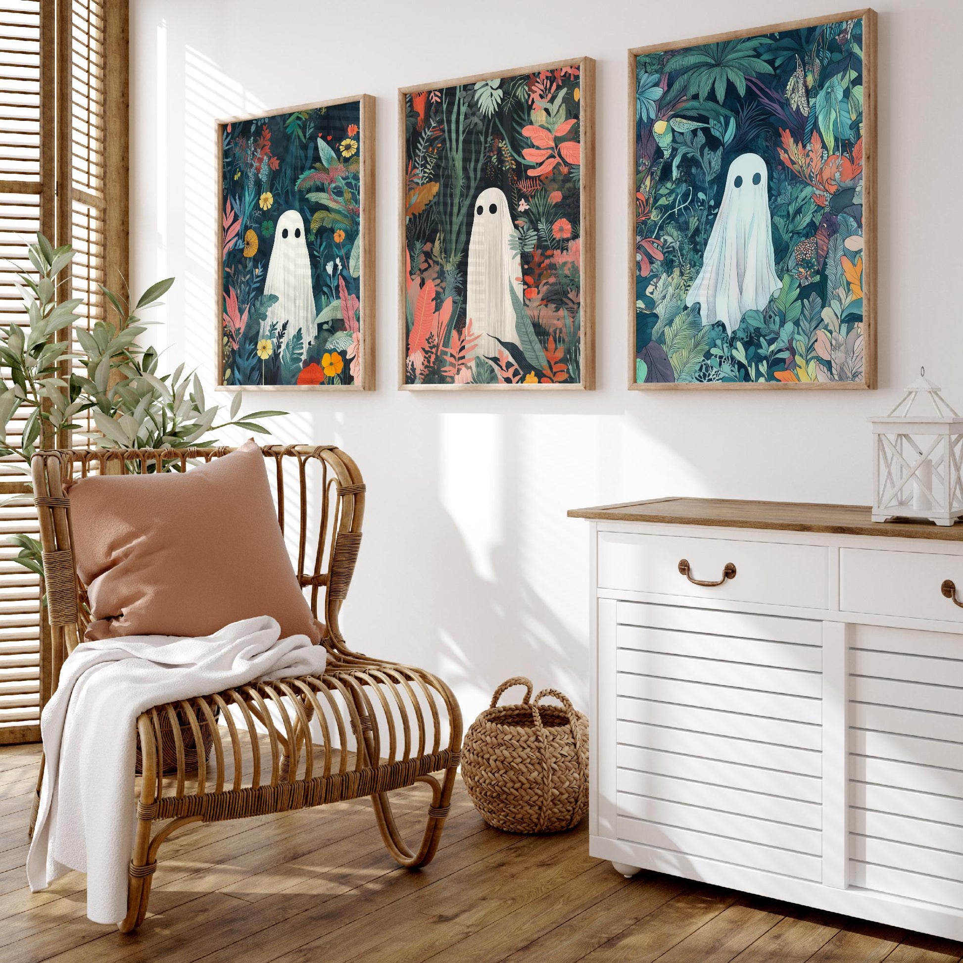 Botanical Ghost Set of Three Art Prints - 3 Cute Jungle Ghost Posters - Whimsical Folk Illustration Wall Decor Spooky Gift