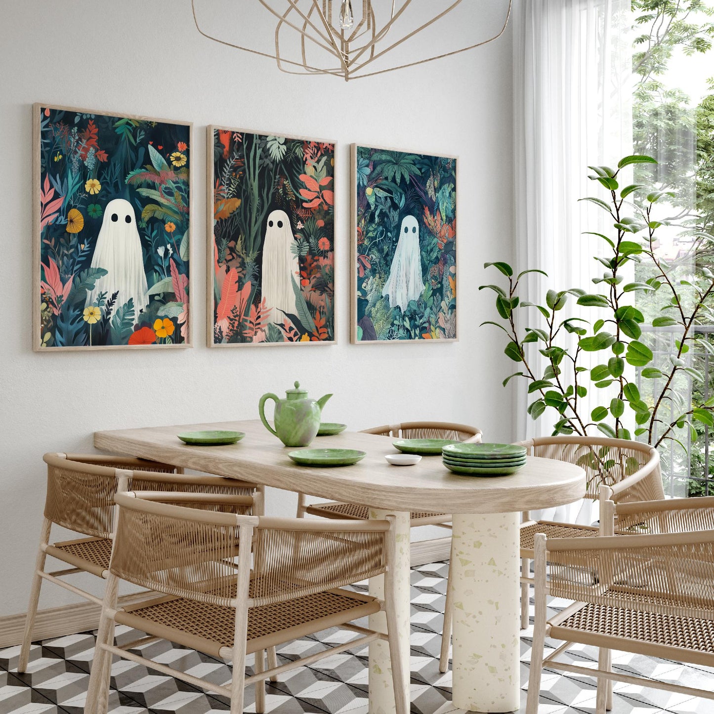 Botanical Ghost Set of Three Art Prints - 3 Cute Jungle Ghost Posters - Whimsical Folk Illustration Wall Decor Spooky Gift