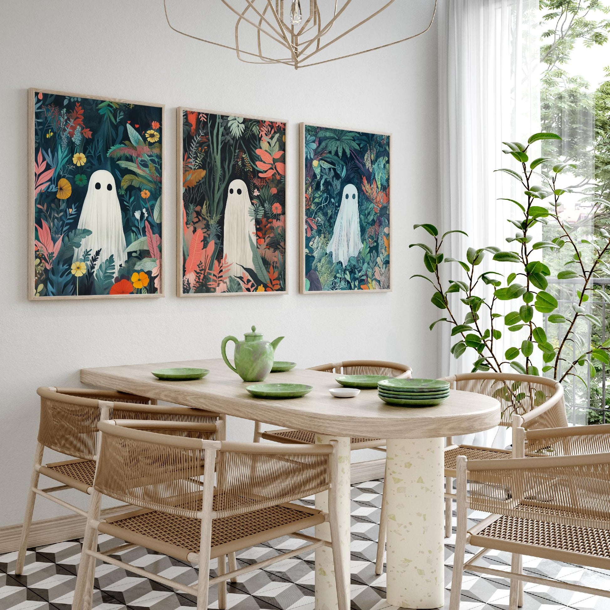 Botanical Ghost Set of Three Art Prints - 3 Cute Jungle Ghost Posters - Whimsical Folk Illustration Wall Decor Spooky Gift