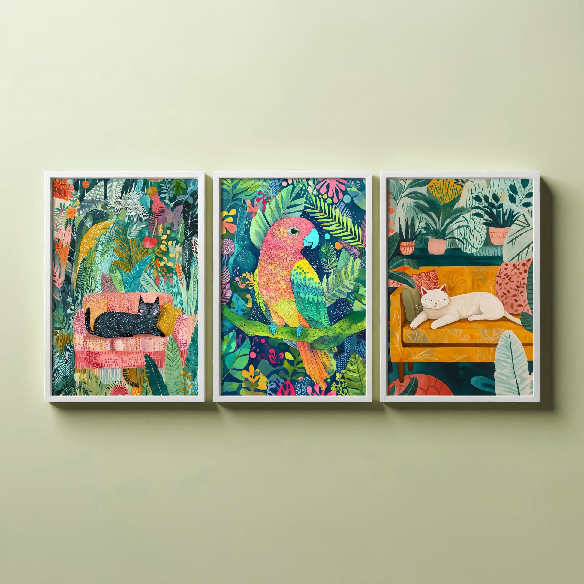 Botanical Pets Set of Three Art Prints - 3 Cat Parrot Cozy Jungle Posters - Whimsical Folk Illustration Wall Decor Plant Gift
