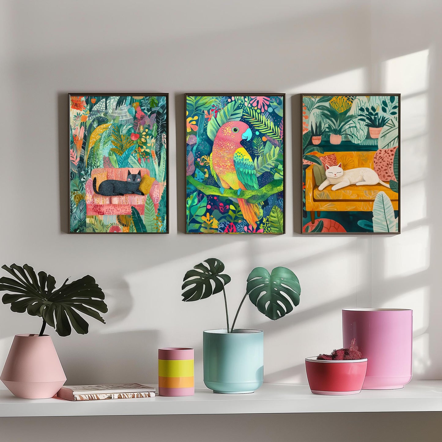 Botanical Pets Set of Three Art Prints - 3 Cat Parrot Cozy Jungle Posters - Whimsical Folk Illustration Wall Decor Plant Gift