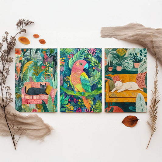 Botanical Pets Set of Three Art Prints - 3 Cat Parrot Cozy Jungle Posters - Whimsical Folk Illustration Wall Decor Plant Gift