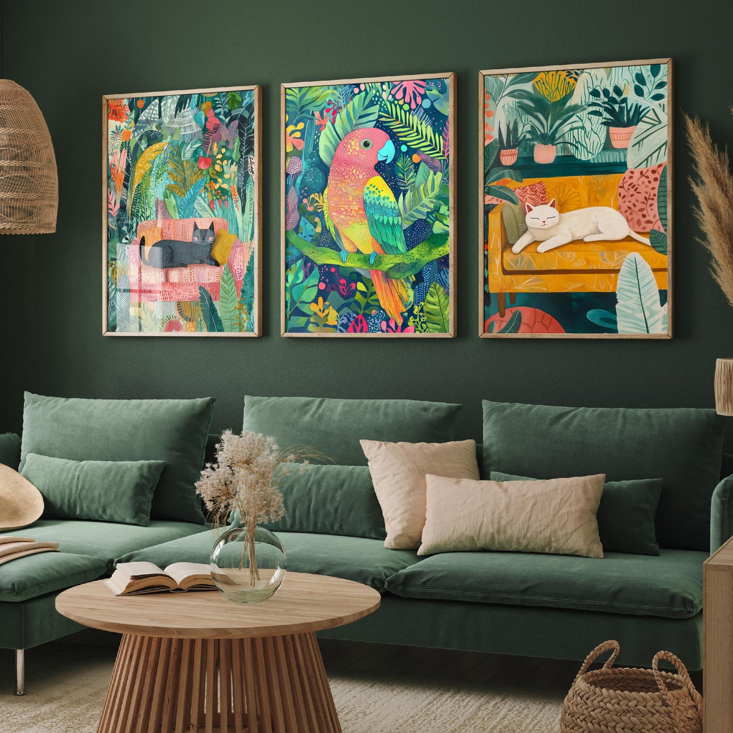 Botanical Pets Set of Three Art Prints - 3 Cat Parrot Cozy Jungle Posters - Whimsical Folk Illustration Wall Decor Plant Gift
