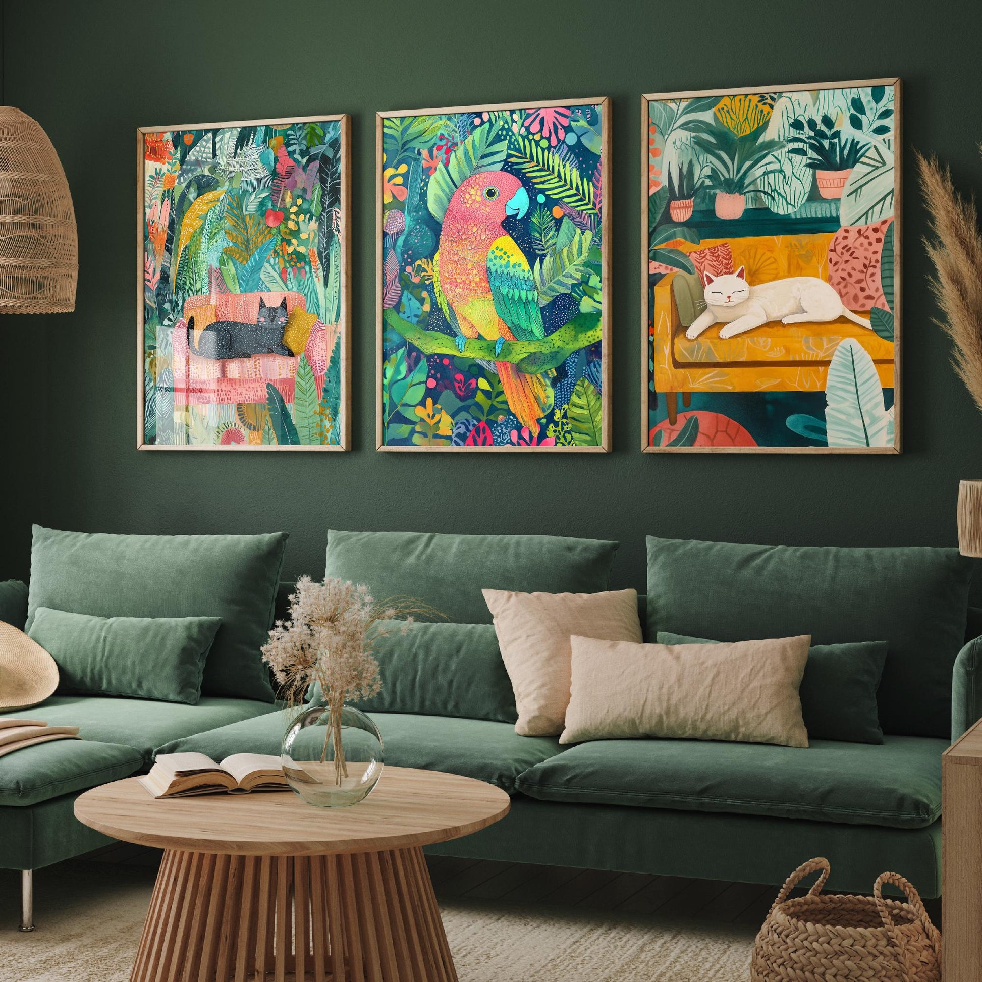 Botanical Pets Set of Three Art Prints - 3 Cat Parrot Cozy Jungle Posters - Whimsical Folk Illustration Wall Decor Plant Gift