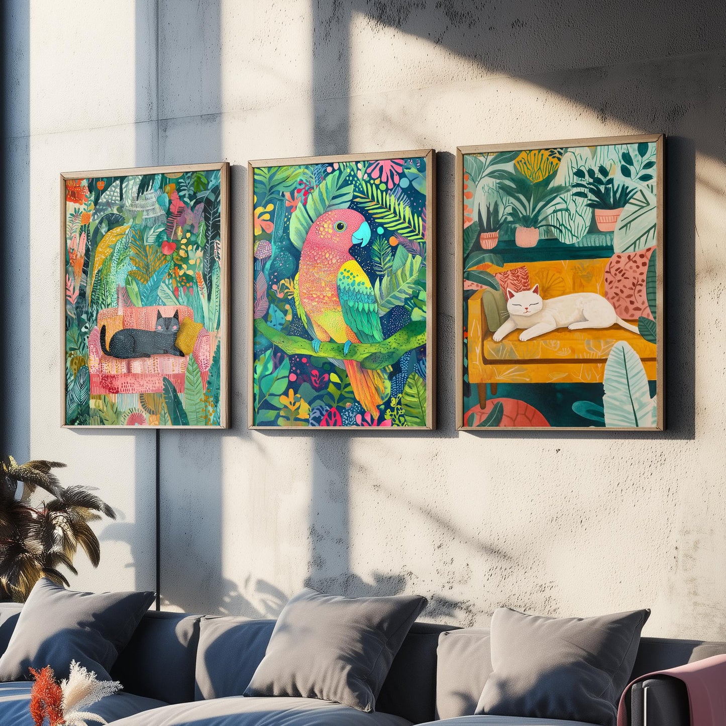 Botanical Pets Set of Three Art Prints - 3 Cat Parrot Cozy Jungle Posters - Whimsical Folk Illustration Wall Decor Plant Gift