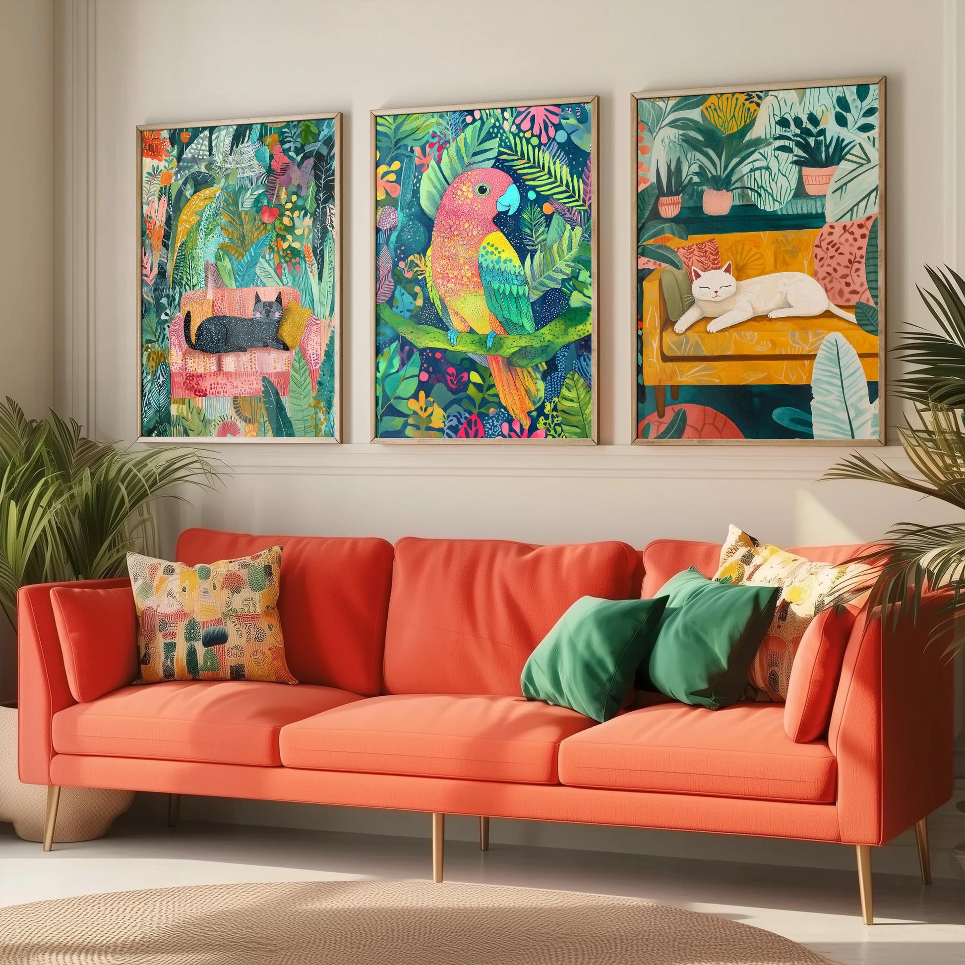 Botanical Pets Set of Three Art Prints - 3 Cat Parrot Cozy Jungle Posters - Whimsical Folk Illustration Wall Decor Plant Gift