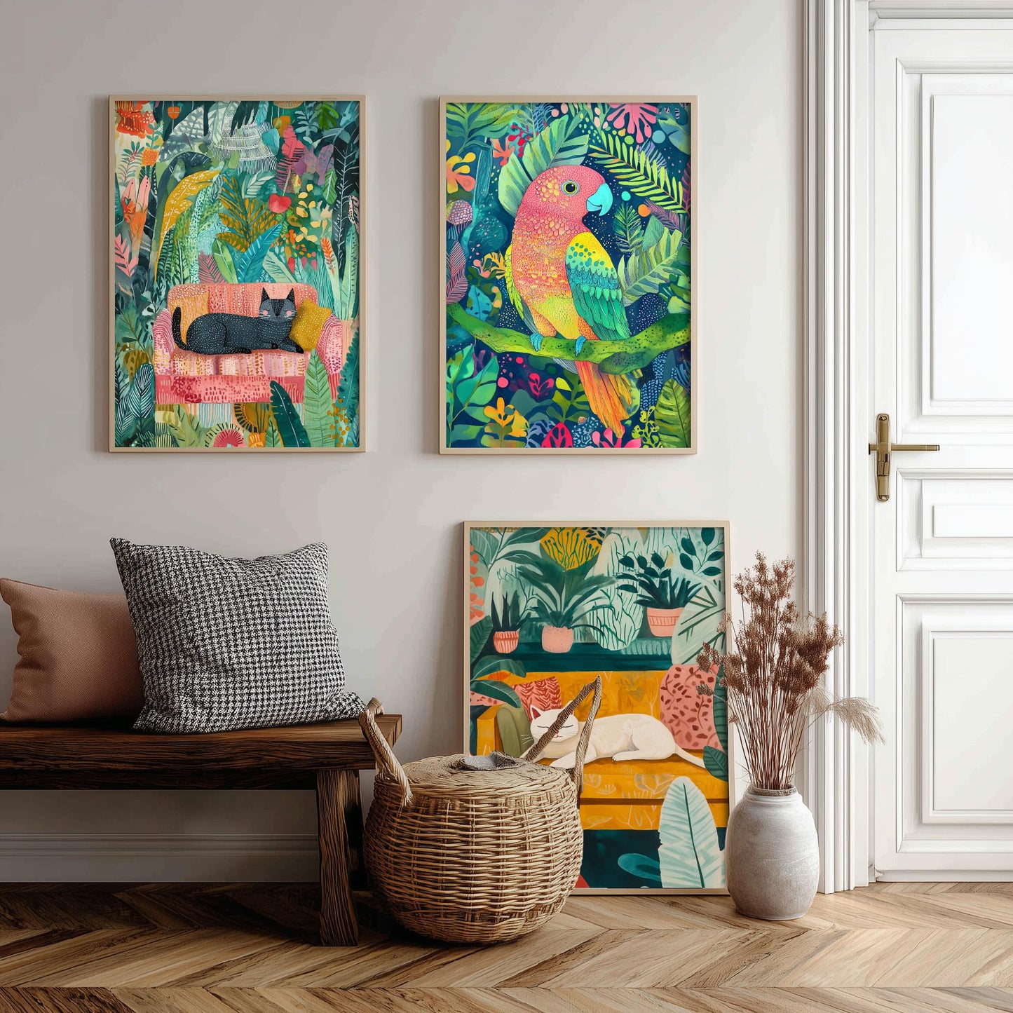Botanical Pets Set of Three Art Prints - 3 Cat Parrot Cozy Jungle Posters - Whimsical Folk Illustration Wall Decor Plant Gift