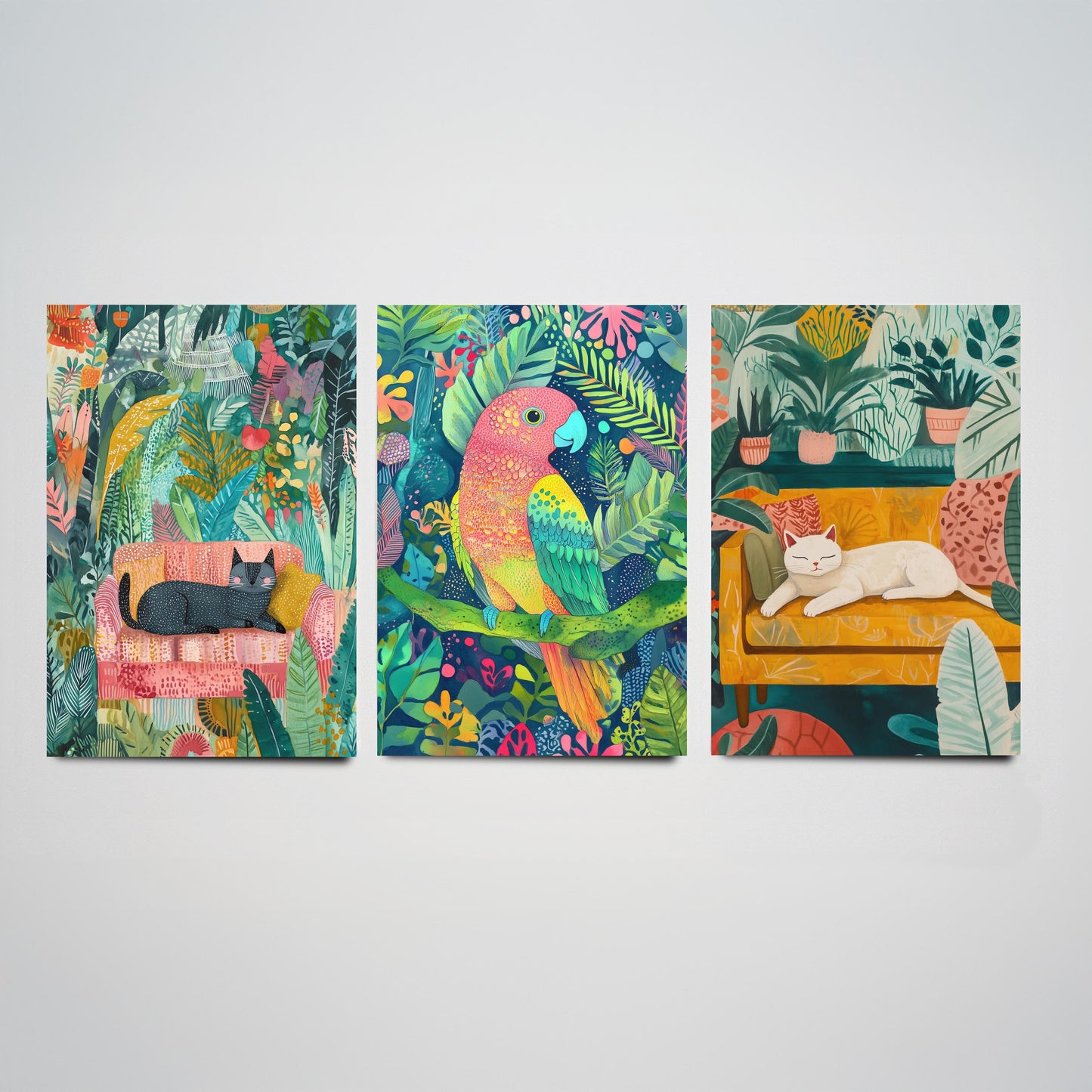 Botanical Pets Set of Three Art Prints - 3 Cat Parrot Cozy Jungle Posters - Whimsical Folk Illustration Wall Decor Plant Gift