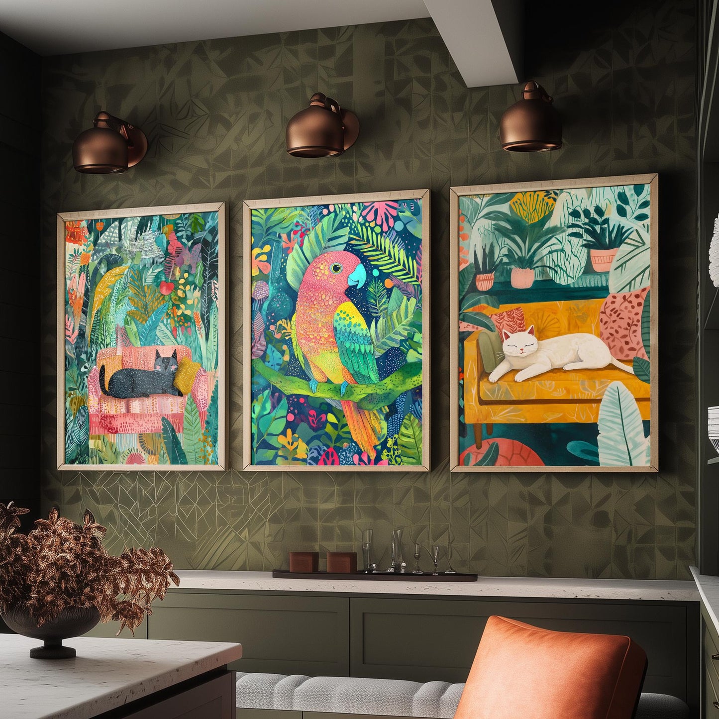 Botanical Pets Set of Three Art Prints - 3 Cat Parrot Cozy Jungle Posters - Whimsical Folk Illustration Wall Decor Plant Gift