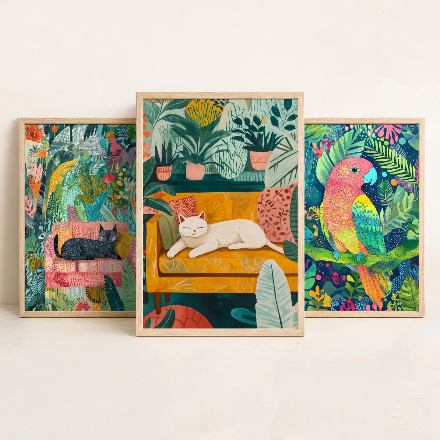 Botanical Pets Set of Three Art Prints - 3 Cat Parrot Cozy Jungle Posters - Whimsical Folk Illustration Wall Decor Plant Gift