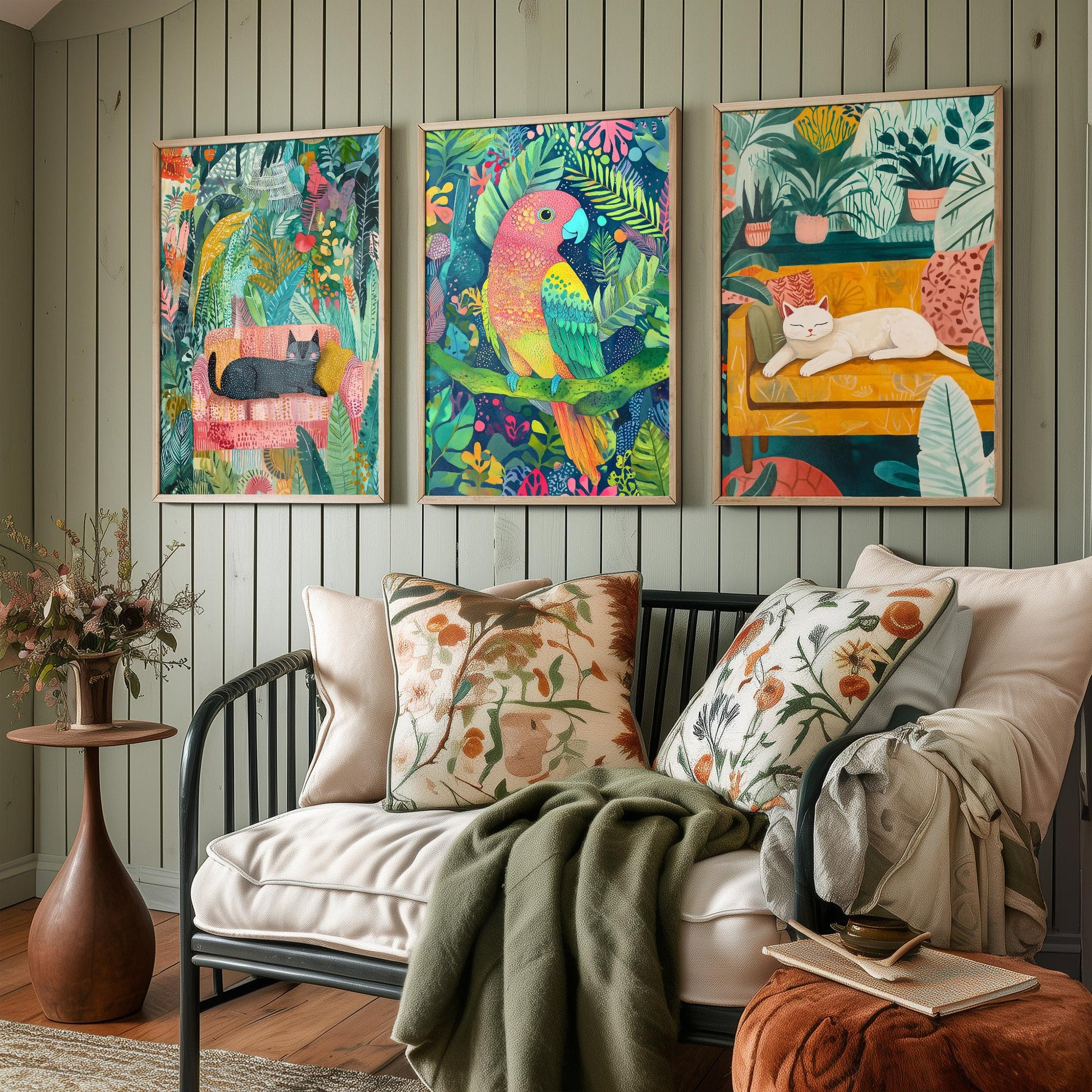 Botanical Pets Set of Three Art Prints - 3 Cat Parrot Cozy Jungle Posters - Whimsical Folk Illustration Wall Decor Plant Gift