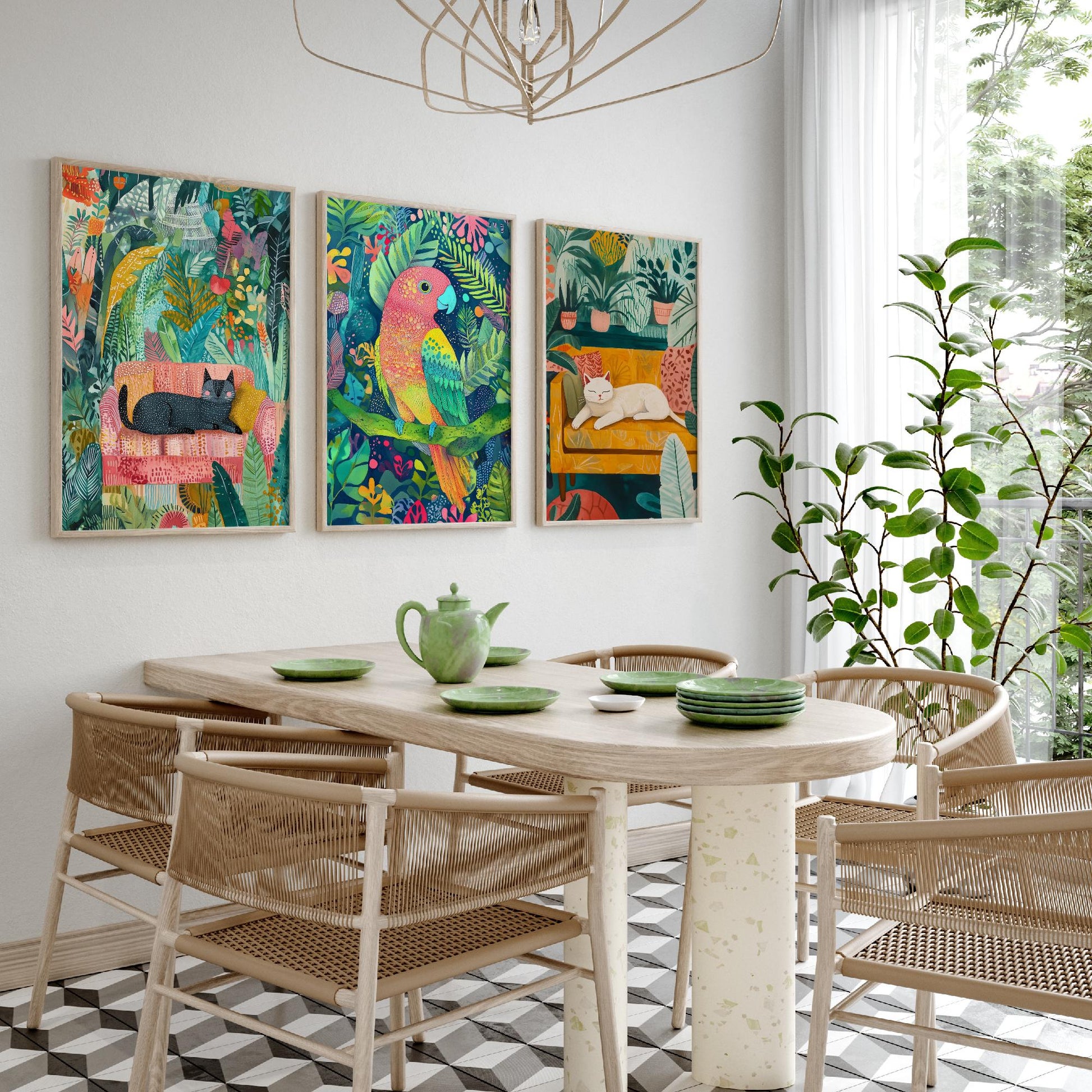 Botanical Pets Set of Three Art Prints - 3 Cat Parrot Cozy Jungle Posters - Whimsical Folk Illustration Wall Decor Plant Gift