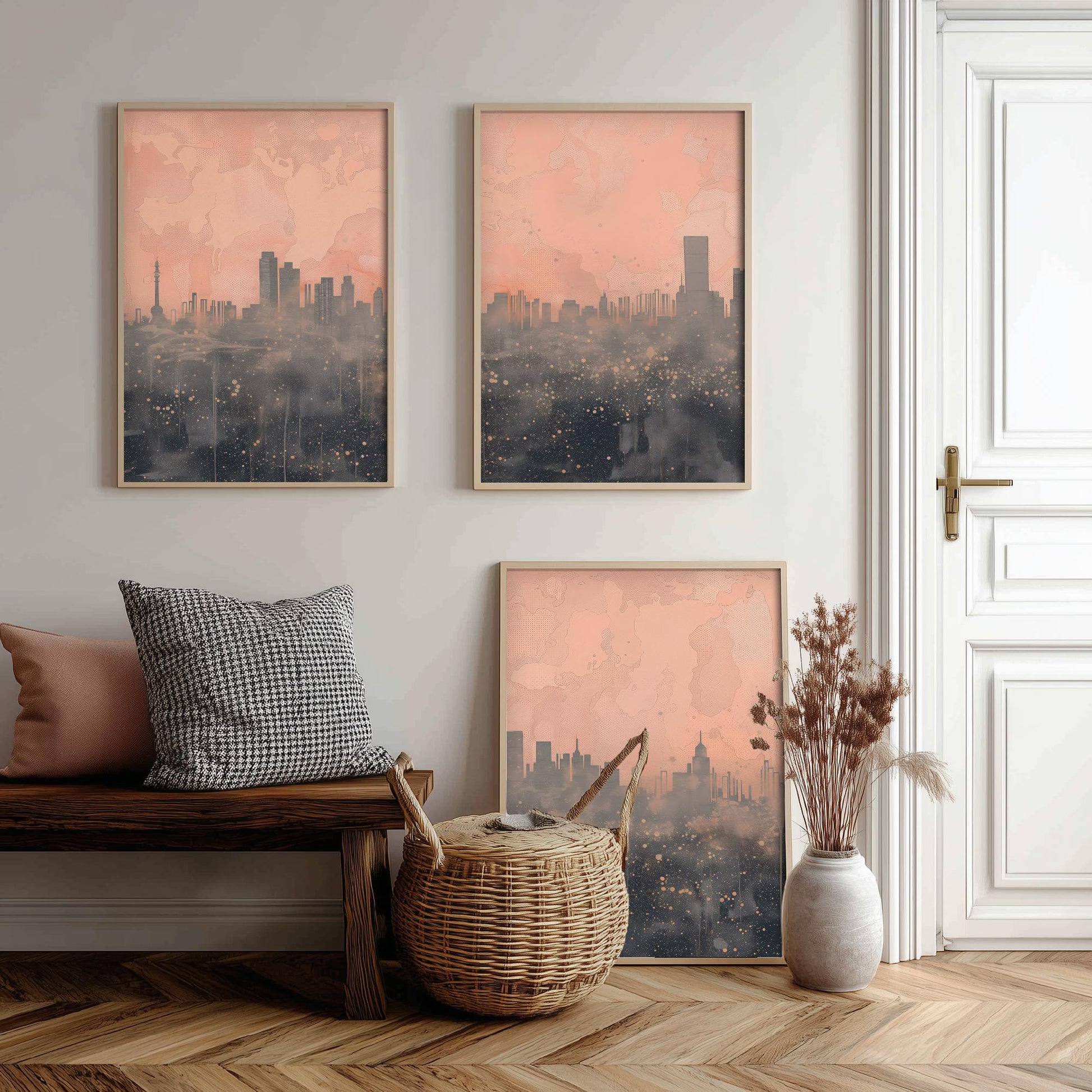 Beijing Skyline Set of Three Art Prints - Pink Grey City Panorama - Line Illustration Poster Wall Decor China Travel Gift