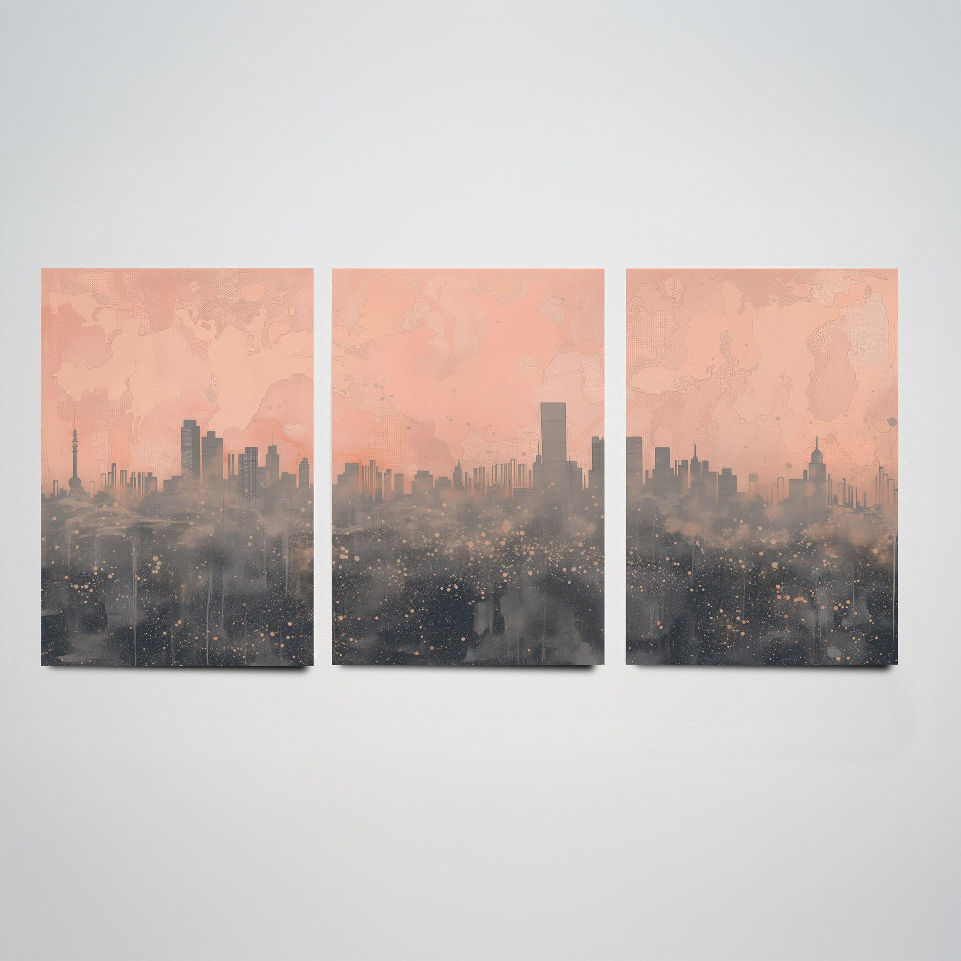 Beijing Skyline Set of Three Art Prints - Pink Grey City Panorama - Line Illustration Poster Wall Decor China Travel Gift