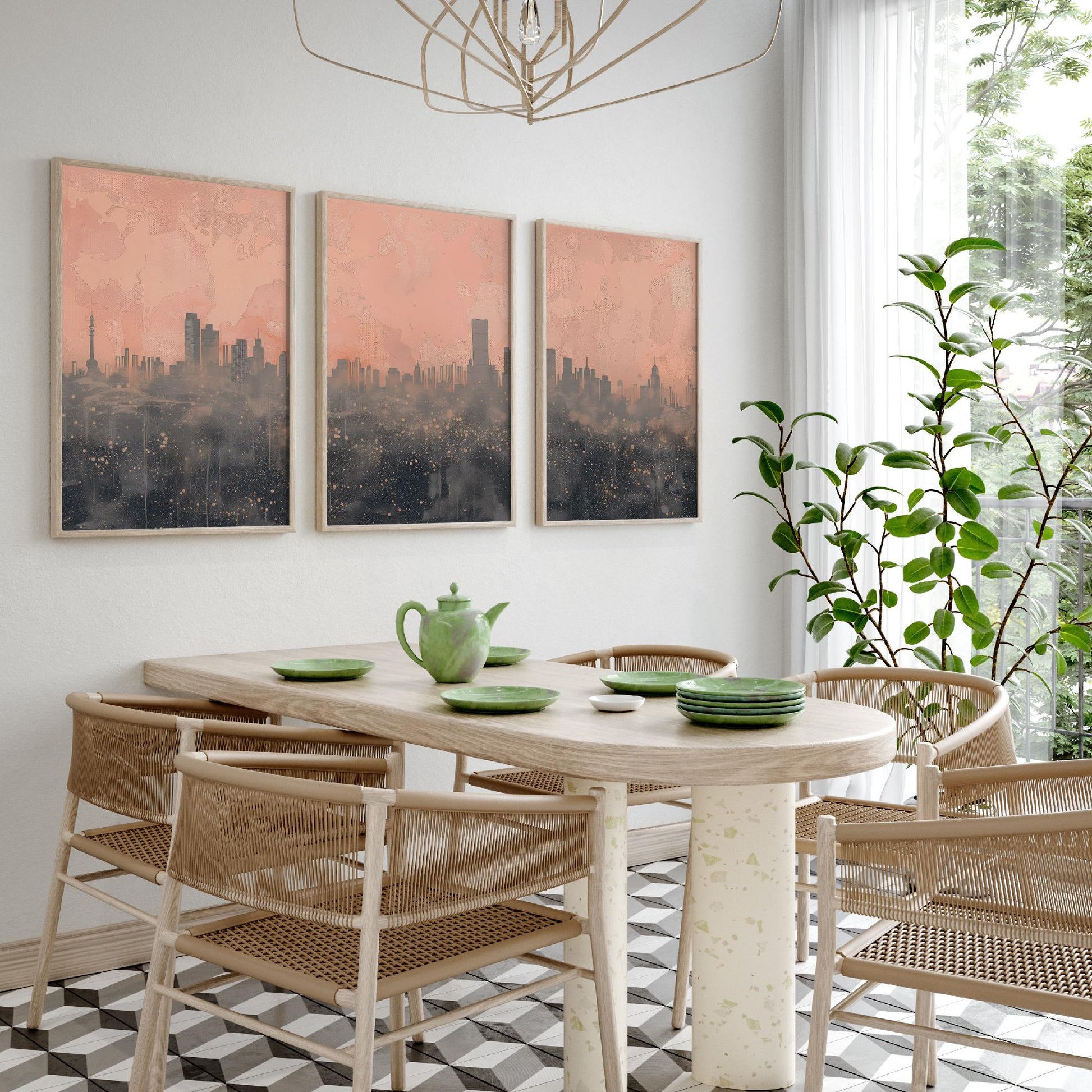 Beijing Skyline Set of Three Art Prints - Pink Grey City Panorama - Line Illustration Poster Wall Decor China Travel Gift