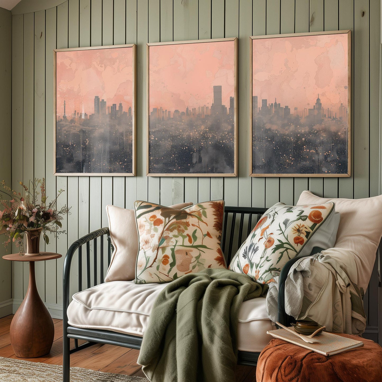 Beijing Skyline Set of Three Art Prints - Pink Grey City Panorama - Line Illustration Poster Wall Decor China Travel Gift