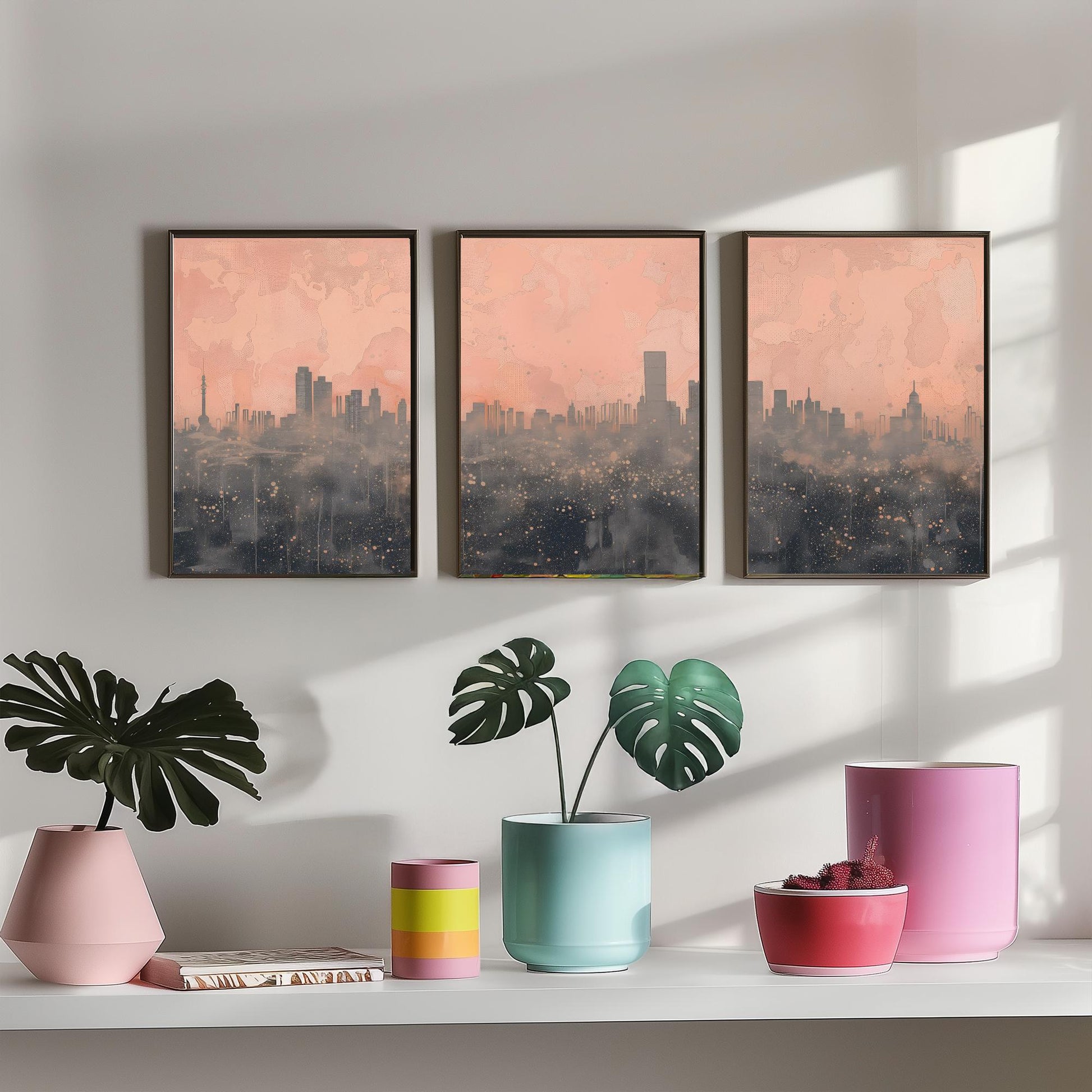 Beijing Skyline Set of Three Art Prints - Pink Grey City Panorama - Line Illustration Poster Wall Decor China Travel Gift