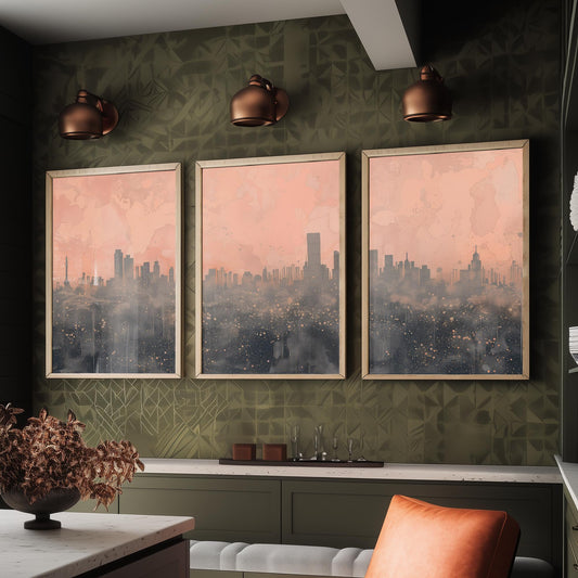 Beijing Skyline Set of Three Art Prints - Pink Grey City Panorama - Line Illustration Poster Wall Decor China Travel Gift