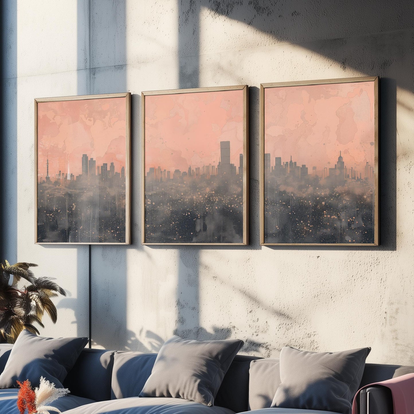 Beijing Skyline Set of Three Art Prints - Pink Grey City Panorama - Line Illustration Poster Wall Decor China Travel Gift