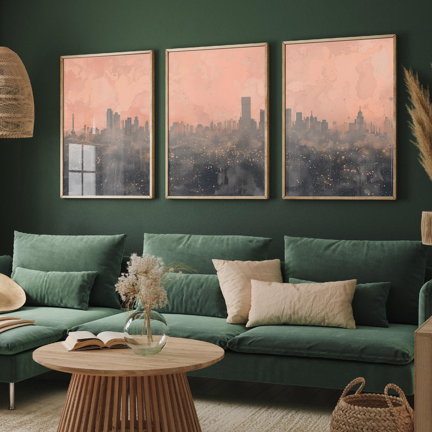 Beijing Skyline Set of Three Art Prints - Pink Grey City Panorama - Line Illustration Poster Wall Decor China Travel Gift