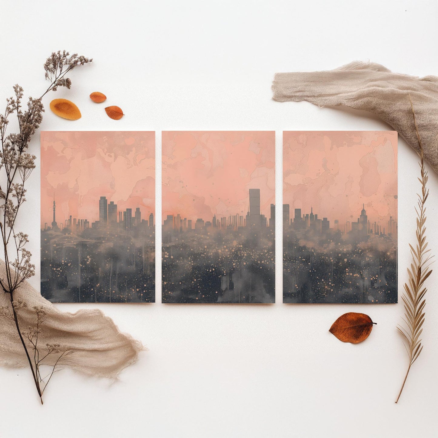 Beijing Skyline Set of Three Art Prints - Pink Grey City Panorama - Line Illustration Poster Wall Decor China Travel Gift