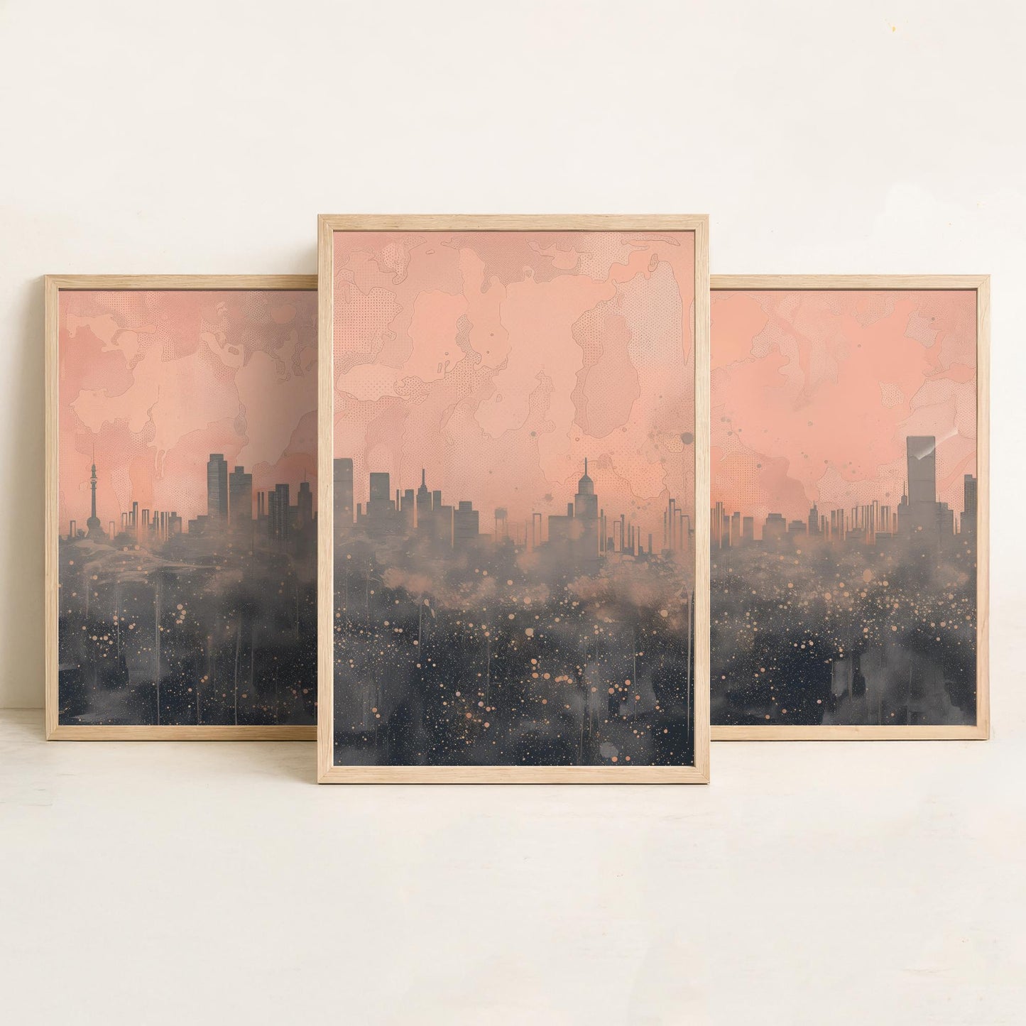 Beijing Skyline Set of Three Art Prints - Pink Grey City Panorama - Line Illustration Poster Wall Decor China Travel Gift