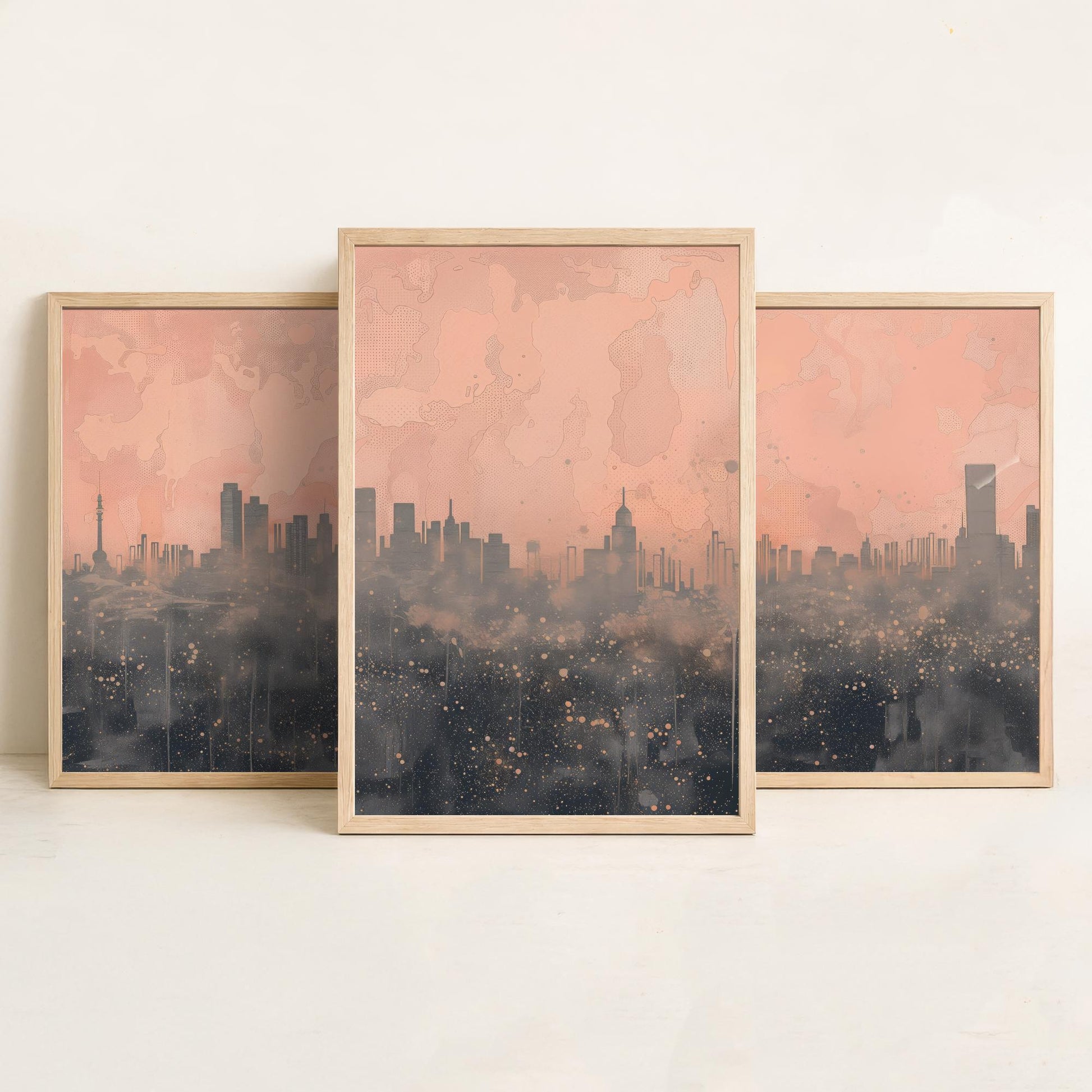 Beijing Skyline Set of Three Art Prints - Pink Grey City Panorama - Line Illustration Poster Wall Decor China Travel Gift