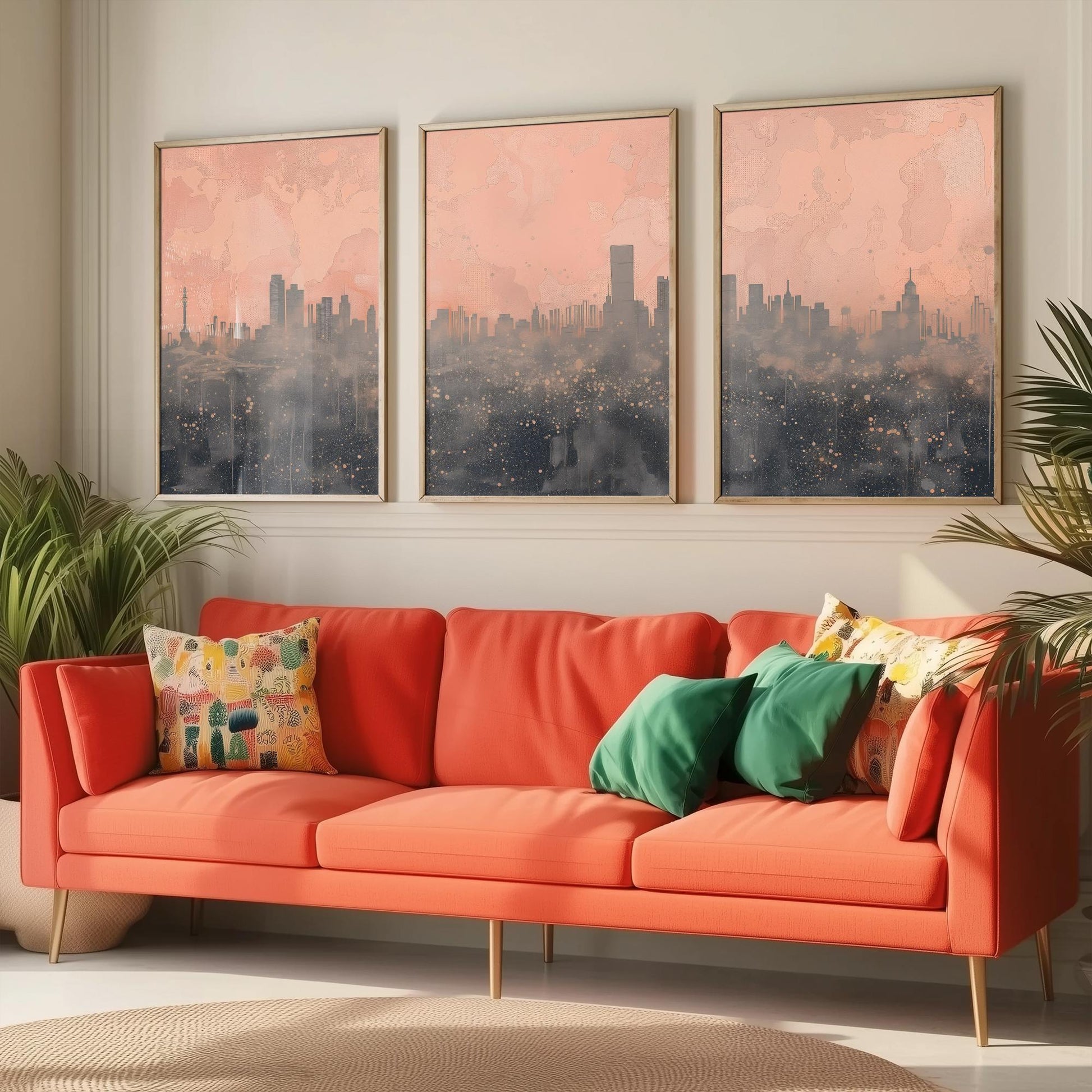 Beijing Skyline Set of Three Art Prints - Pink Grey City Panorama - Line Illustration Poster Wall Decor China Travel Gift