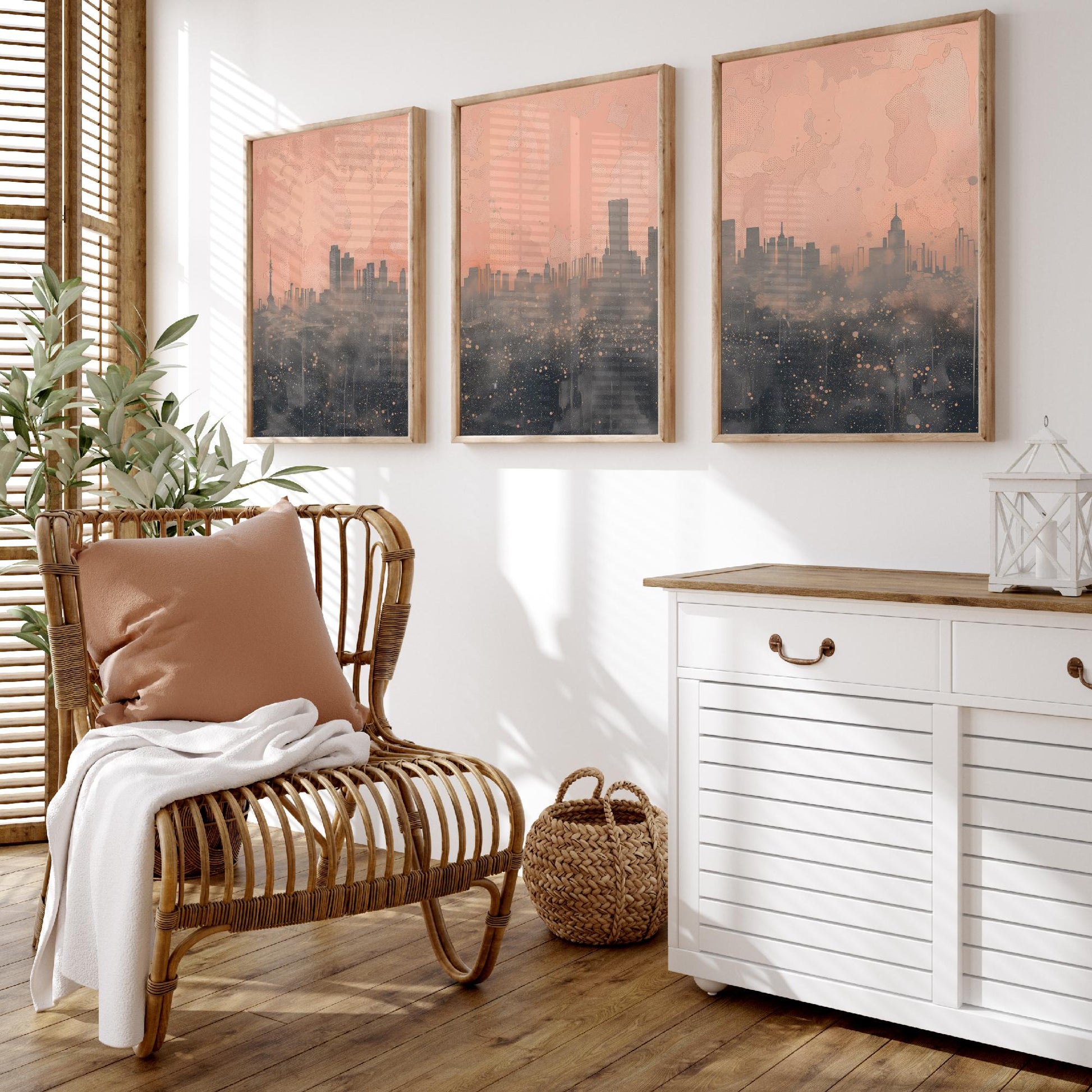 Beijing Skyline Set of Three Art Prints - Pink Grey City Panorama - Line Illustration Poster Wall Decor China Travel Gift
