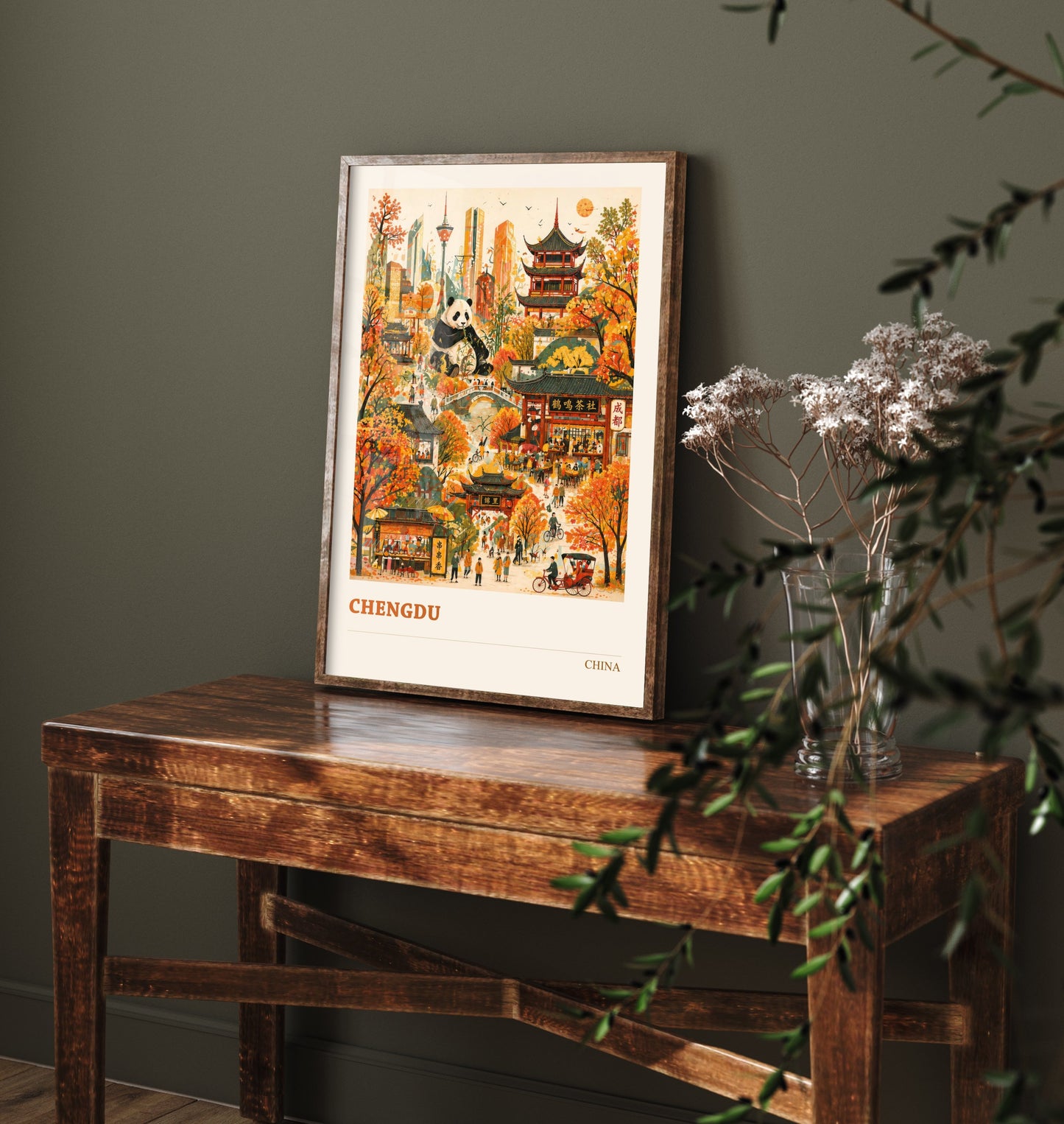 Chengdu Travel Poster - China Art Print - Vibrant City Illustration - Panda and Teahouses 1/3