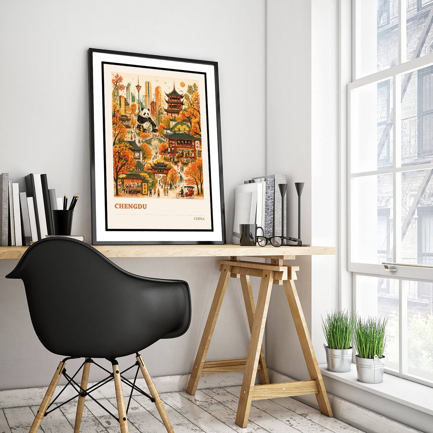 Chengdu Travel Poster - China Art Print - Vibrant City Illustration - Panda and Teahouses 1/3