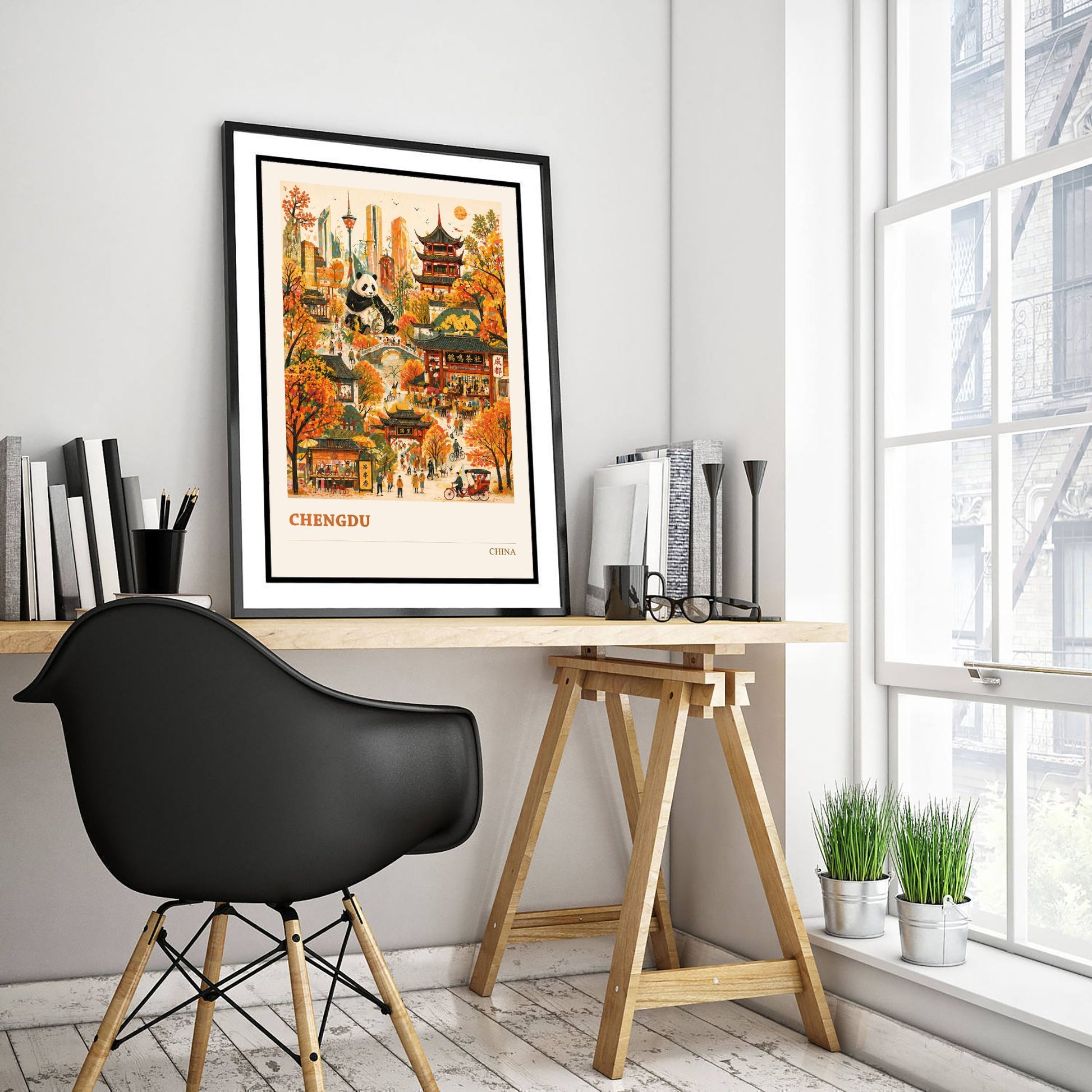 Chengdu Travel Poster - China Art Print - Vibrant City Illustration - Panda and Teahouses 1/3