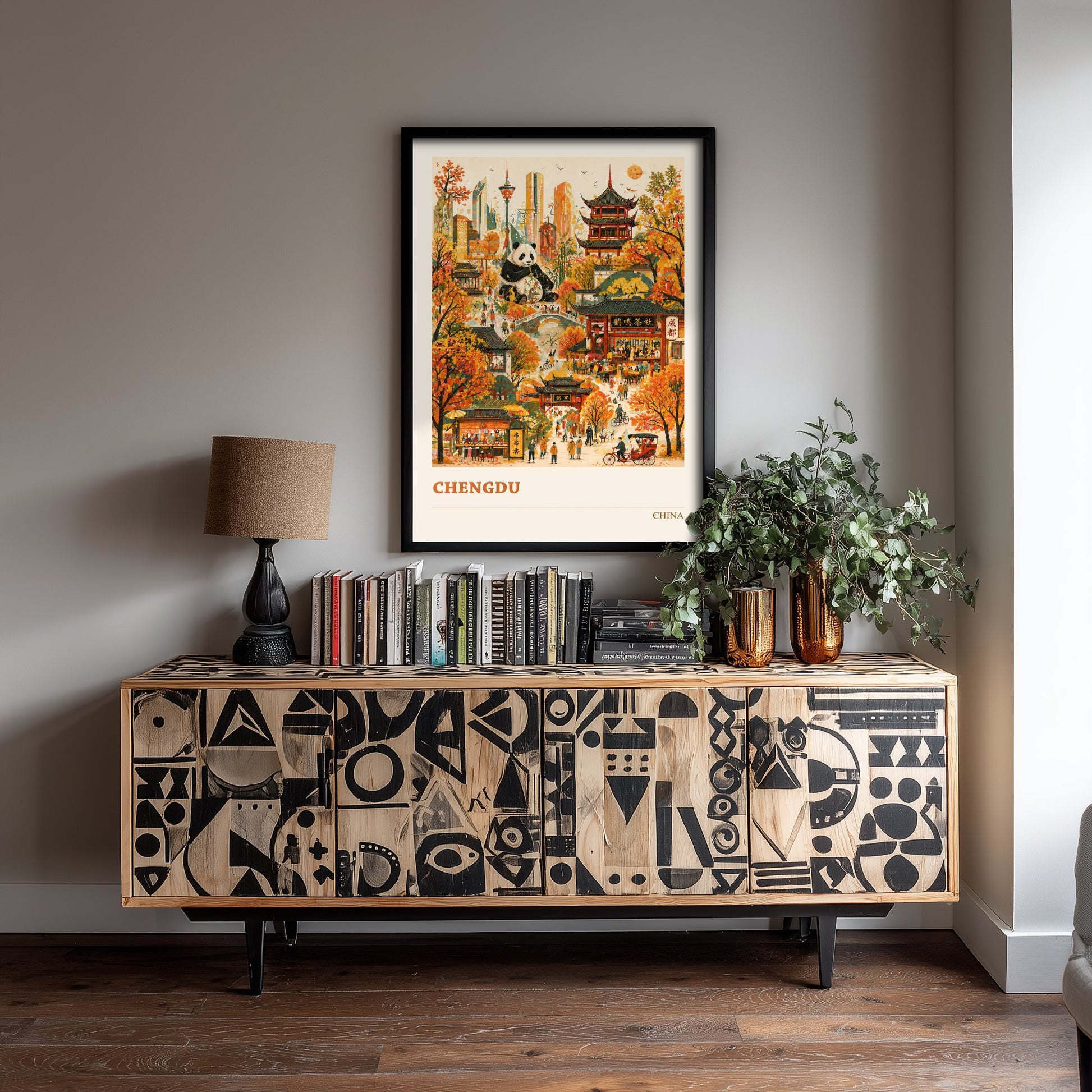 Chengdu Travel Poster - China Art Print - Vibrant City Illustration - Panda and Teahouses 1/3