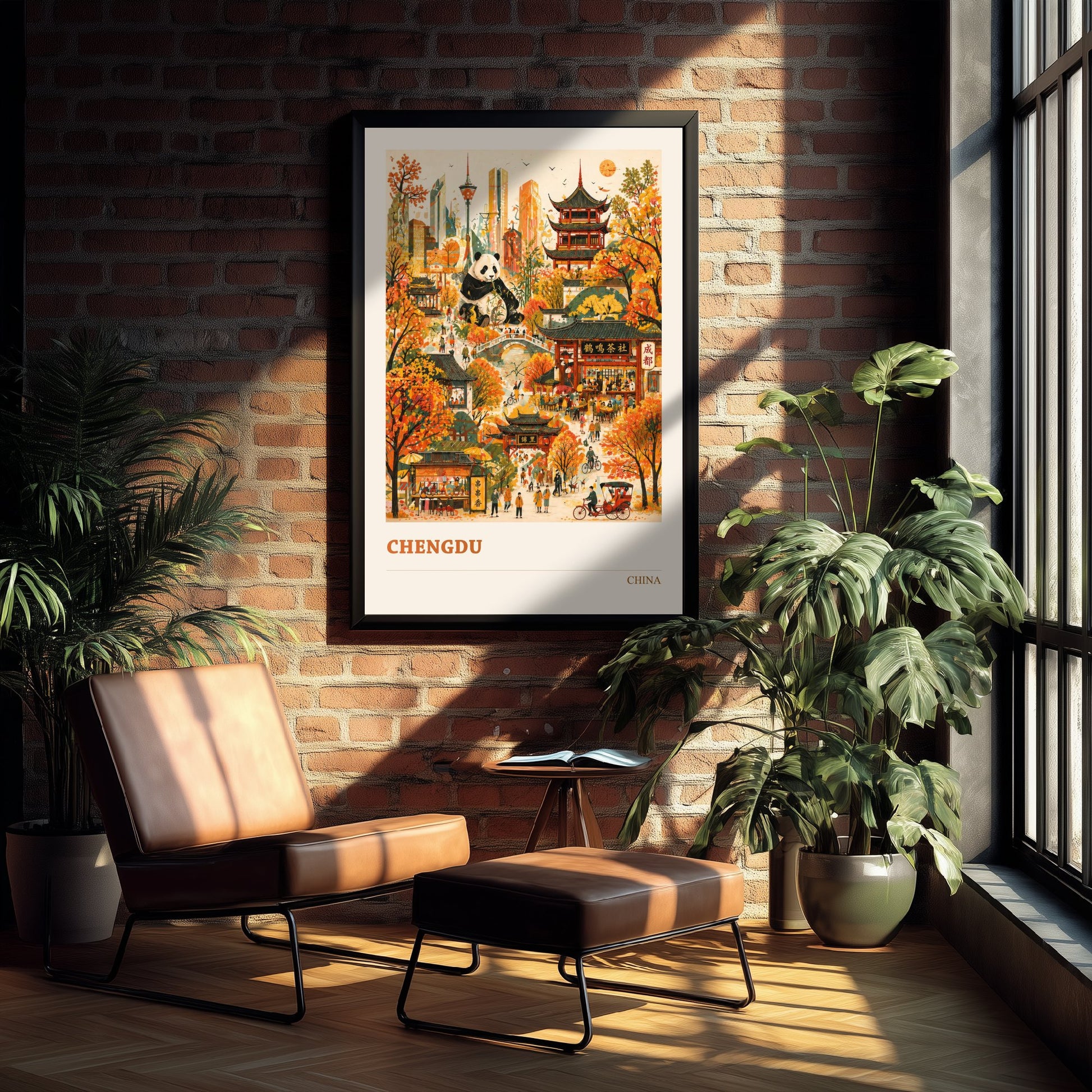 Chengdu Travel Poster - China Art Print - Vibrant City Illustration - Panda and Teahouses 1/3