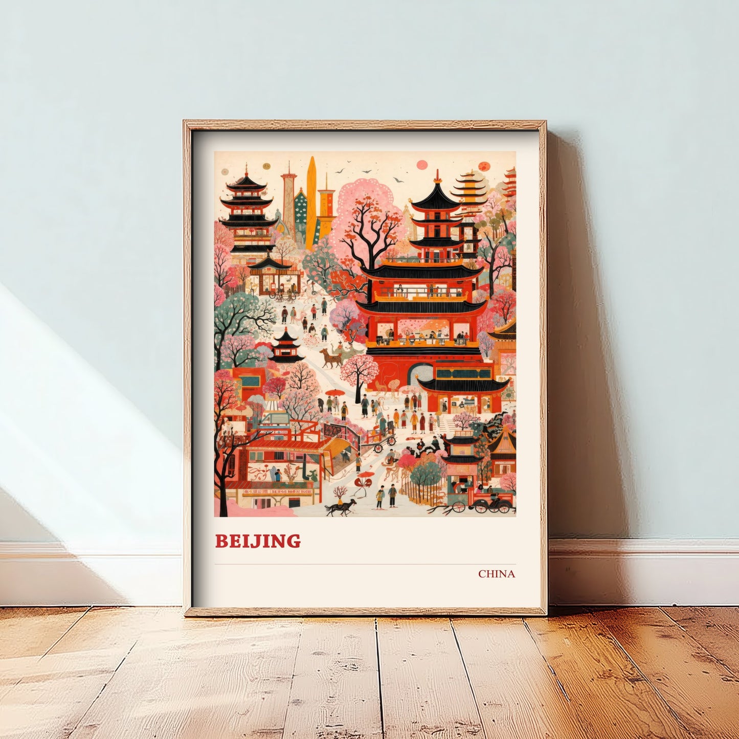 Beijing Travel Poster - China Art Print - Vibrant City Illustration - Pagodas and Blossom 3/3