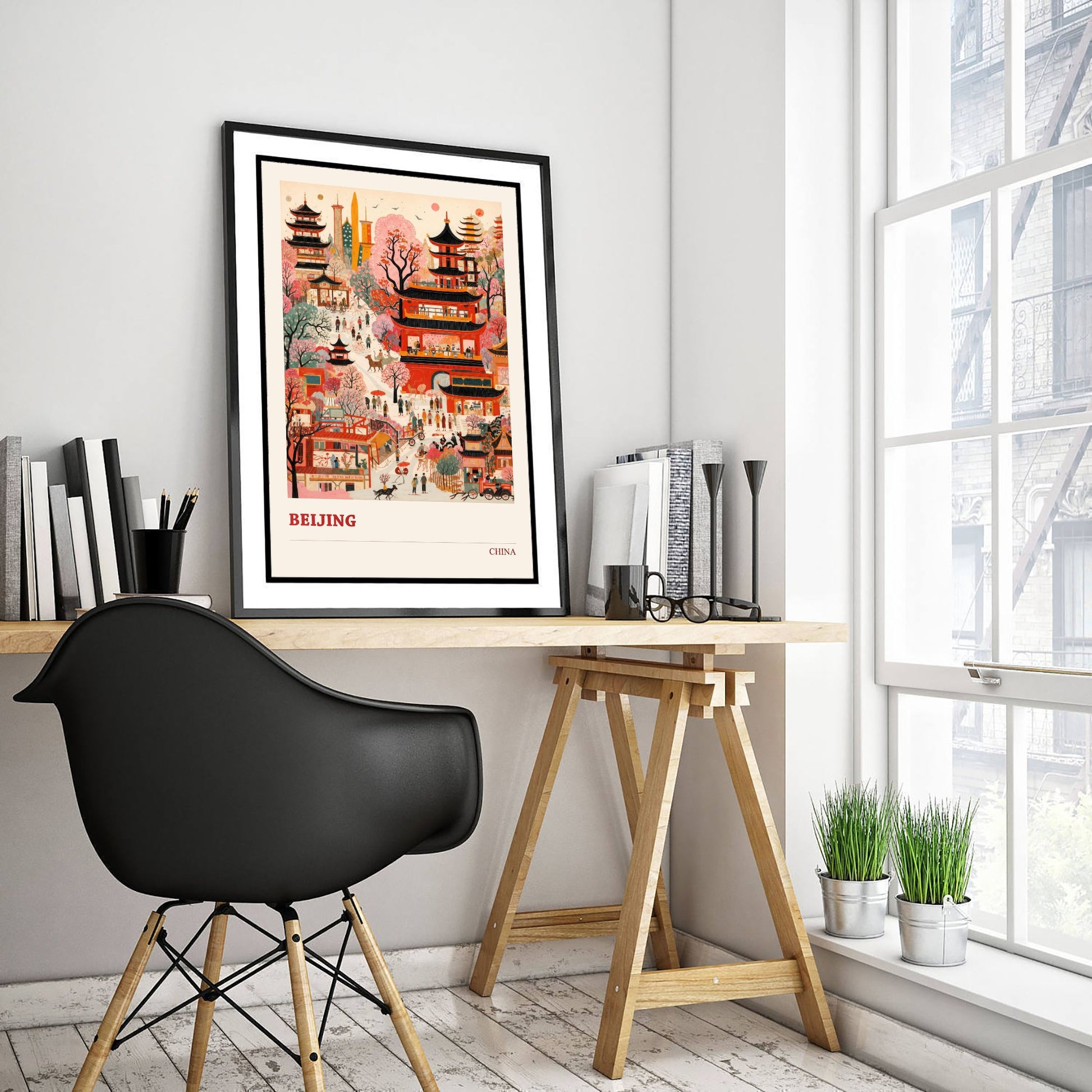 Beijing Travel Poster - China Art Print - Vibrant City Illustration - Pagodas and Blossom 3/3