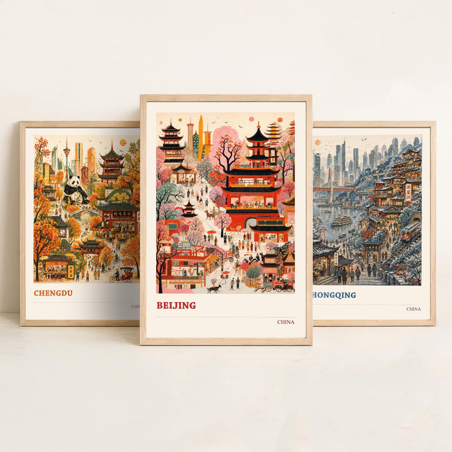 China Set of Three Prints | Chengdu Chongqing Beijing | Vibrant Folk Art Travel City Painting Wall Poster